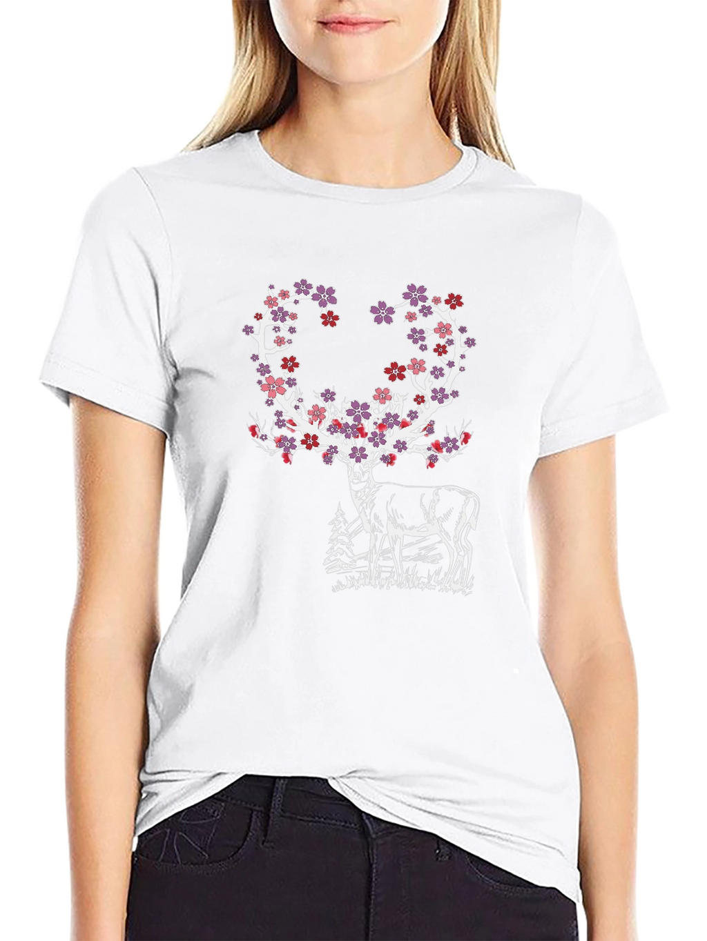 Floral Deer Graphic Tee - Black Cotton Blend