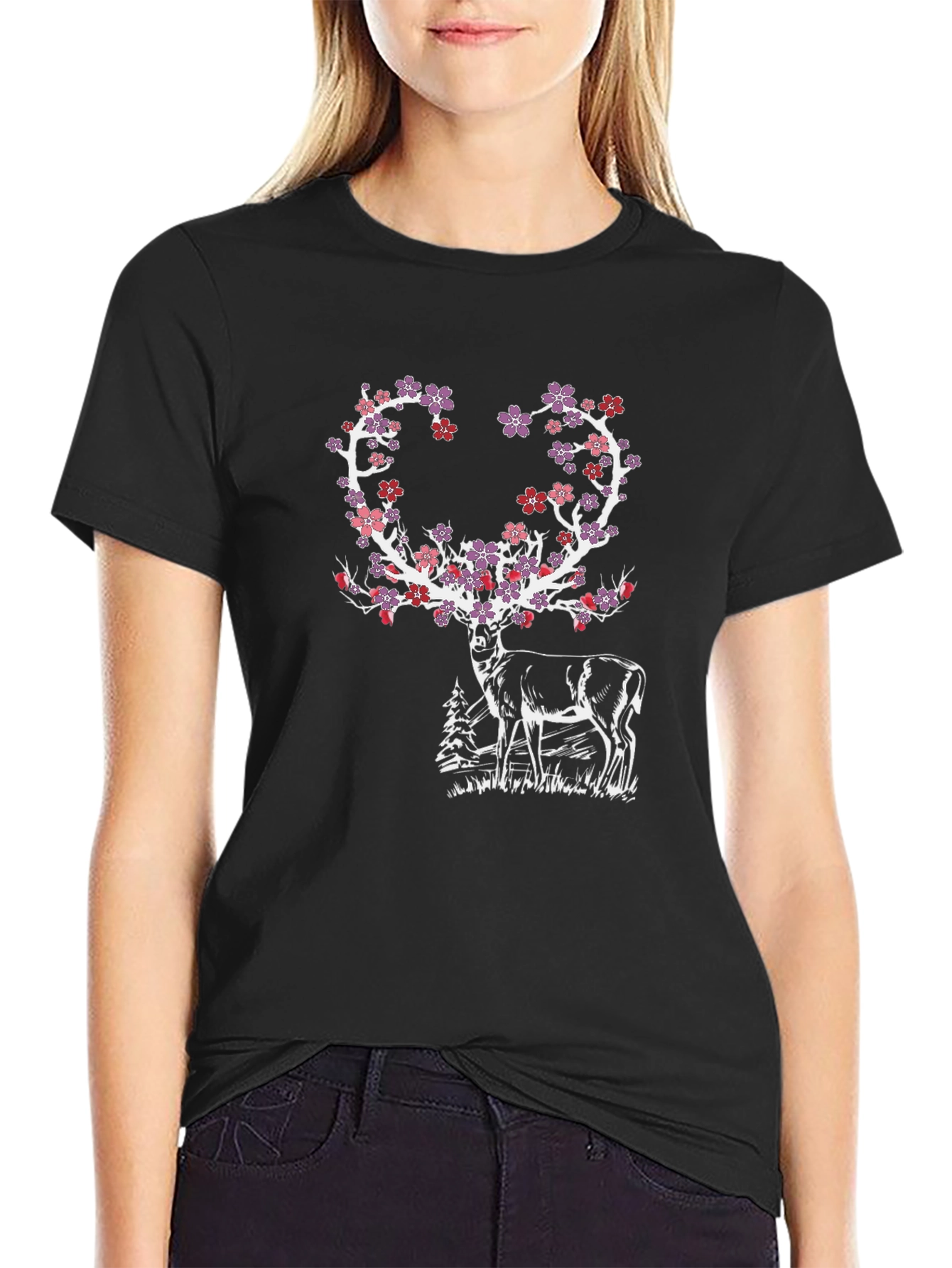 Floral Deer Graphic Tee - Black Cotton Blend