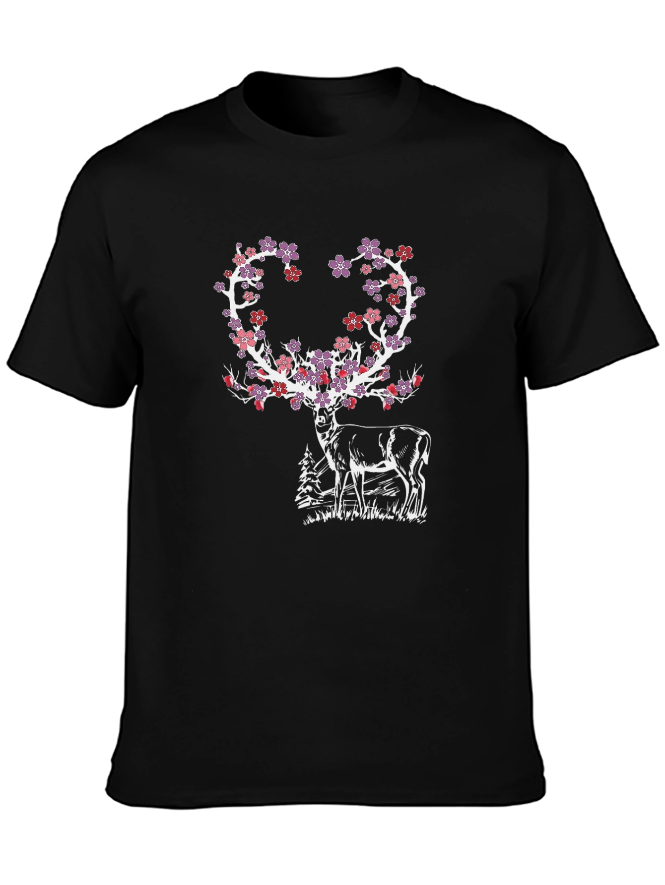 Floral Deer Graphic Tee - Black Cotton Blend