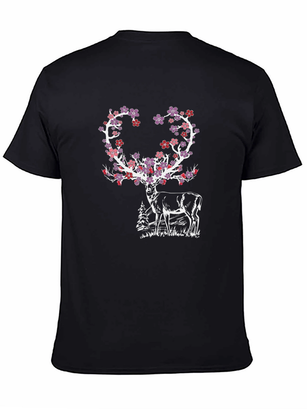 Floral Deer Graphic Tee - Black Cotton Blend