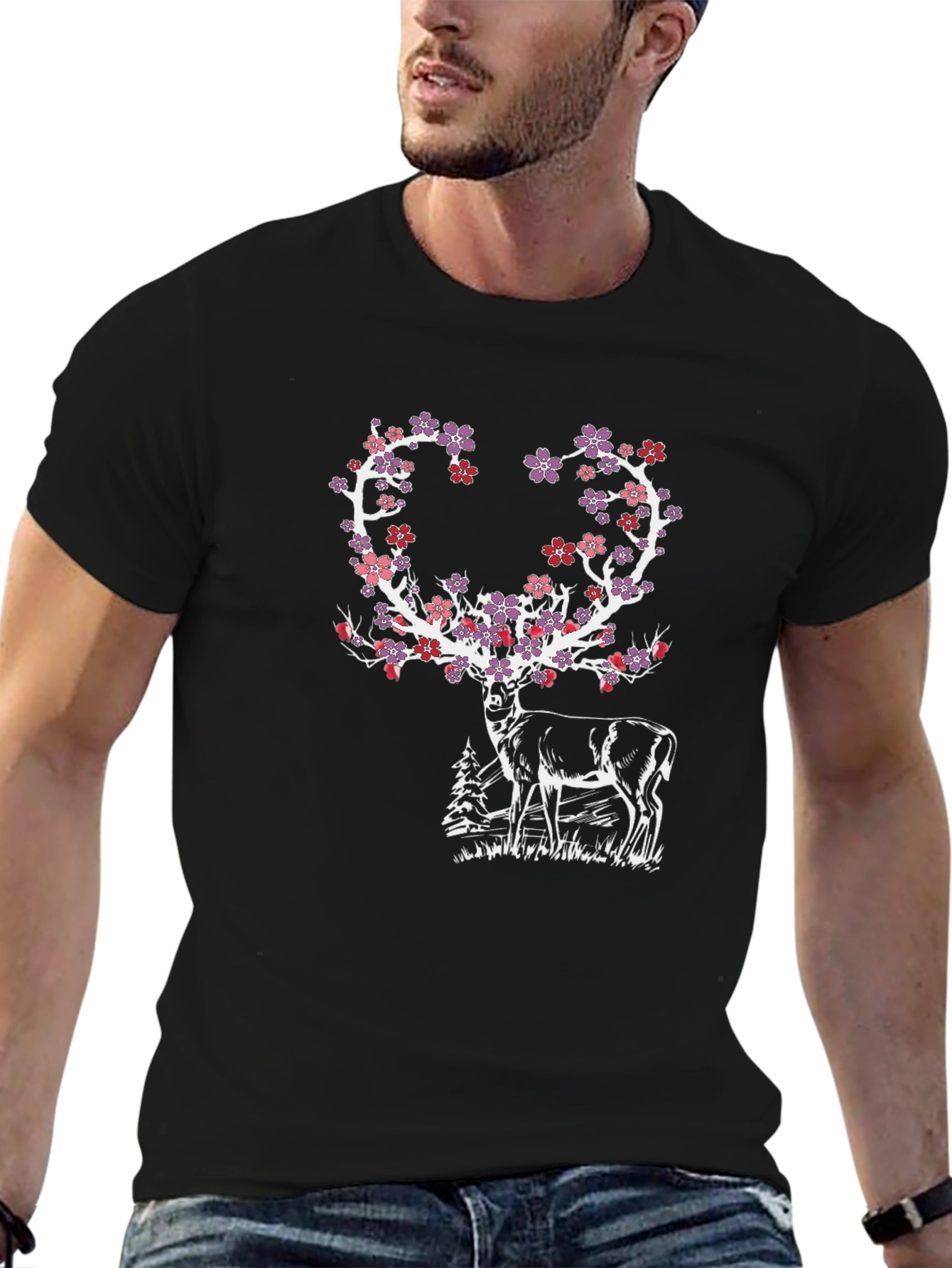 Floral Deer Graphic Tee - Black Cotton Blend