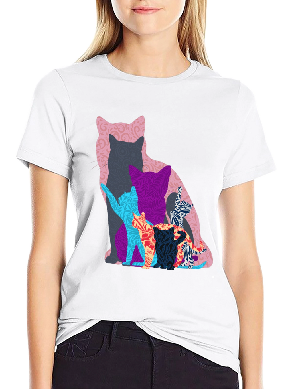 Stylish Cat Silhouette Graphic Tee - Black