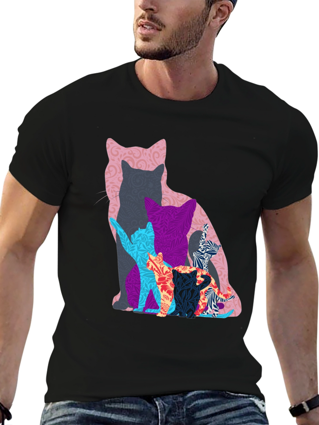 Stylish Cat Silhouette Graphic Tee - Black