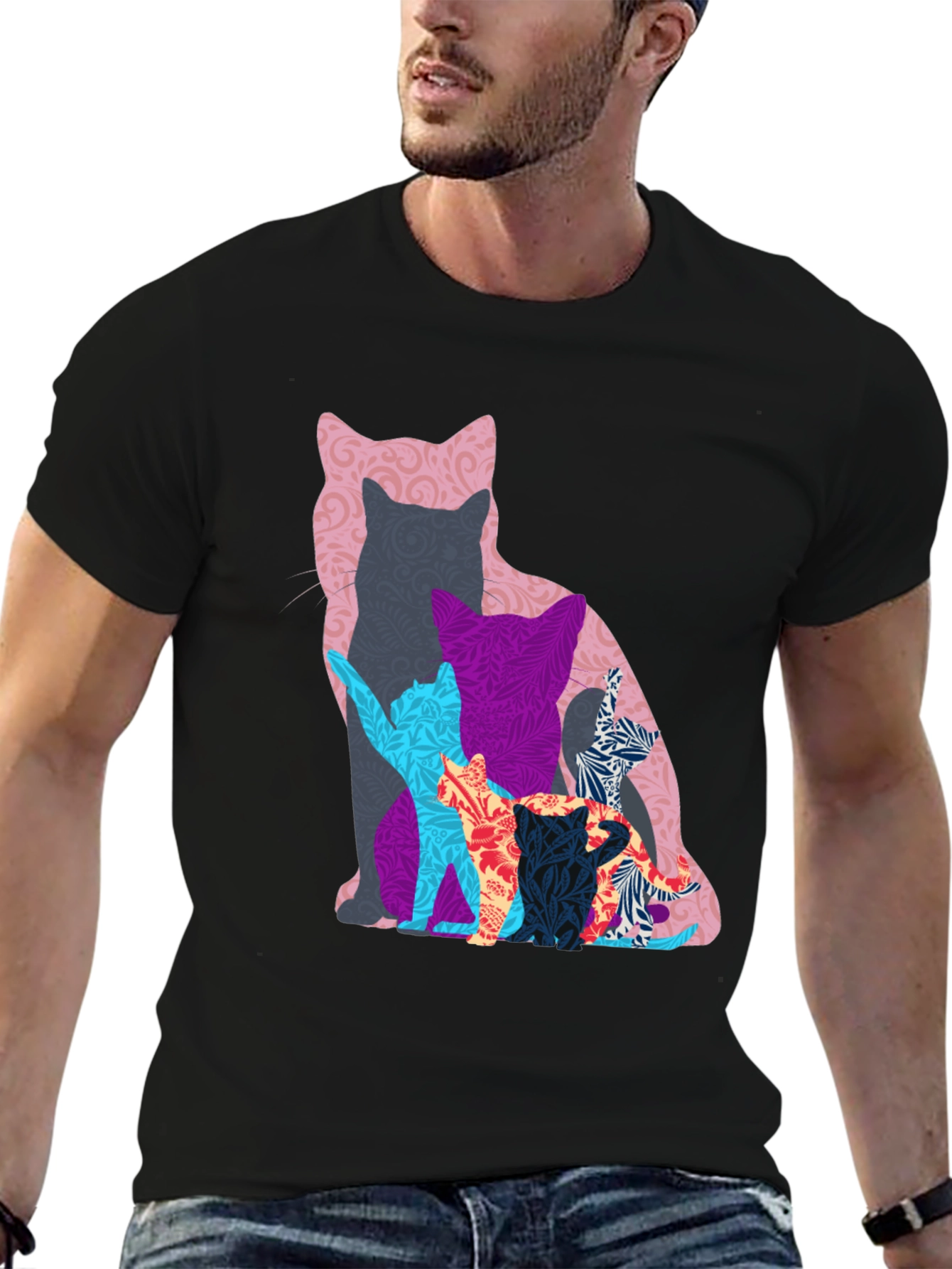 Stylish Cat Silhouette Graphic Tee - Black