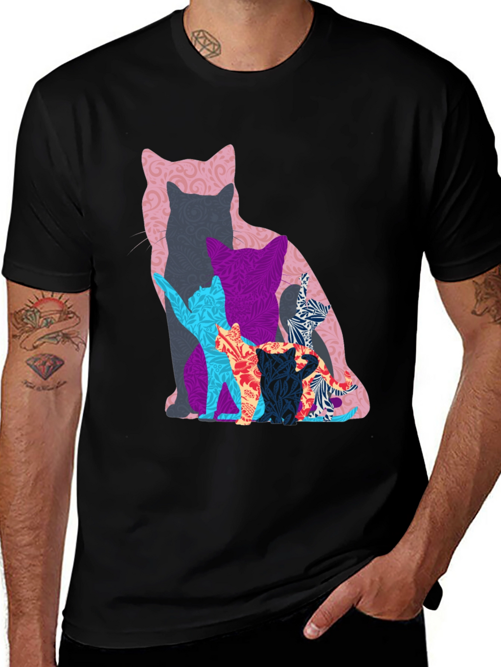 Stylish Cat Silhouette Graphic Tee - Black