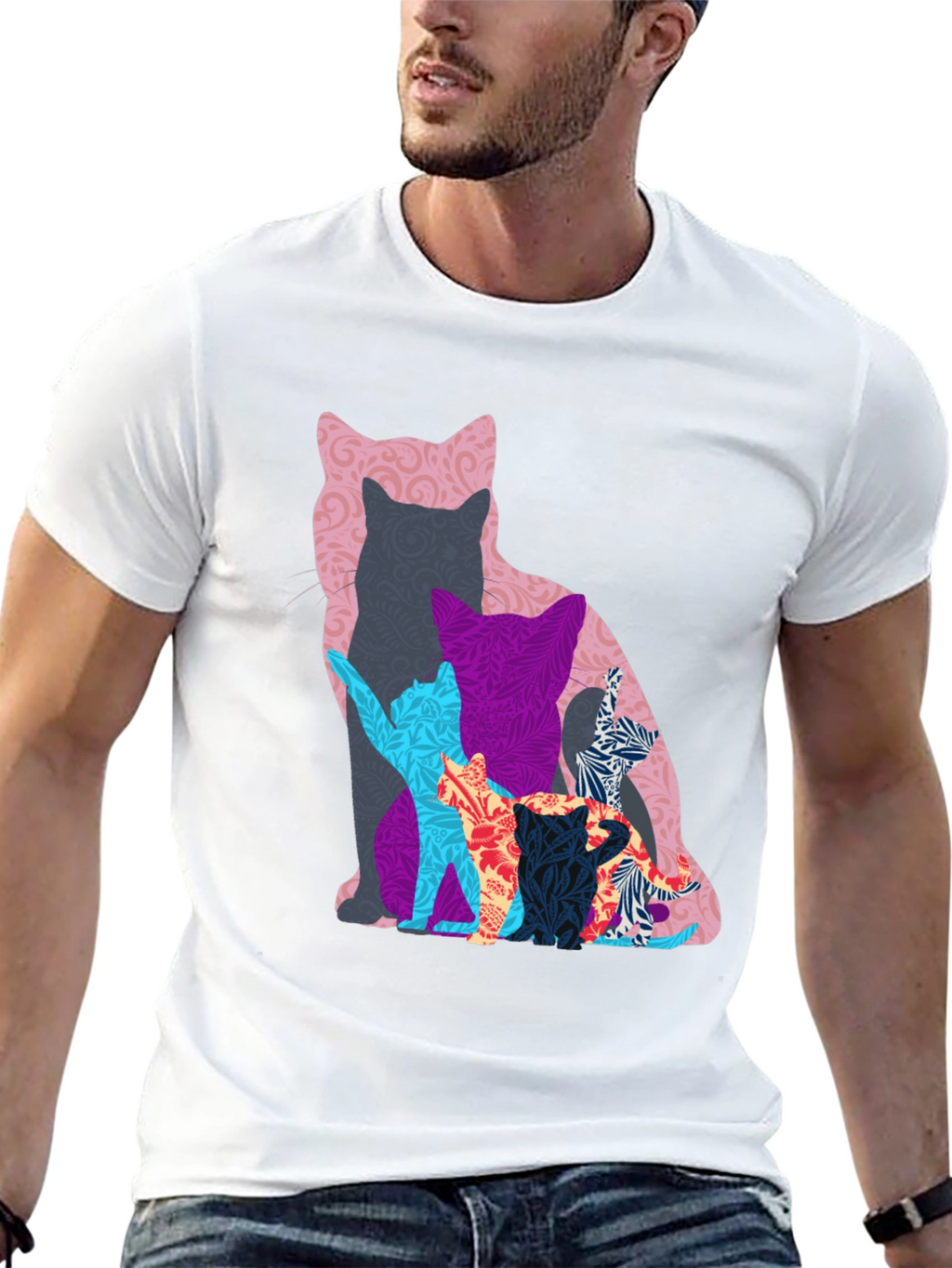 Stylish Cat Silhouette Graphic Tee - Black