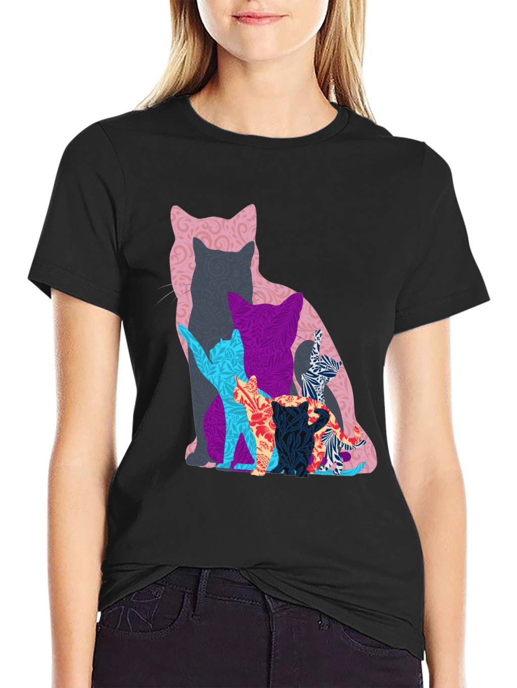Stylish Cat Silhouette Graphic Tee - Black