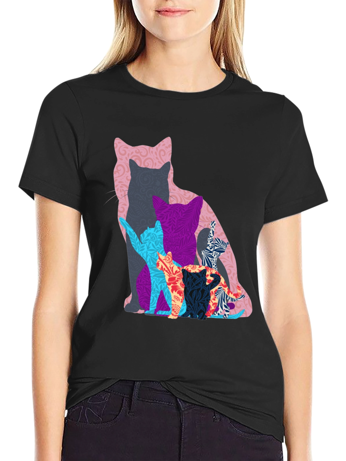 Stylish Cat Silhouette Graphic Tee - Black