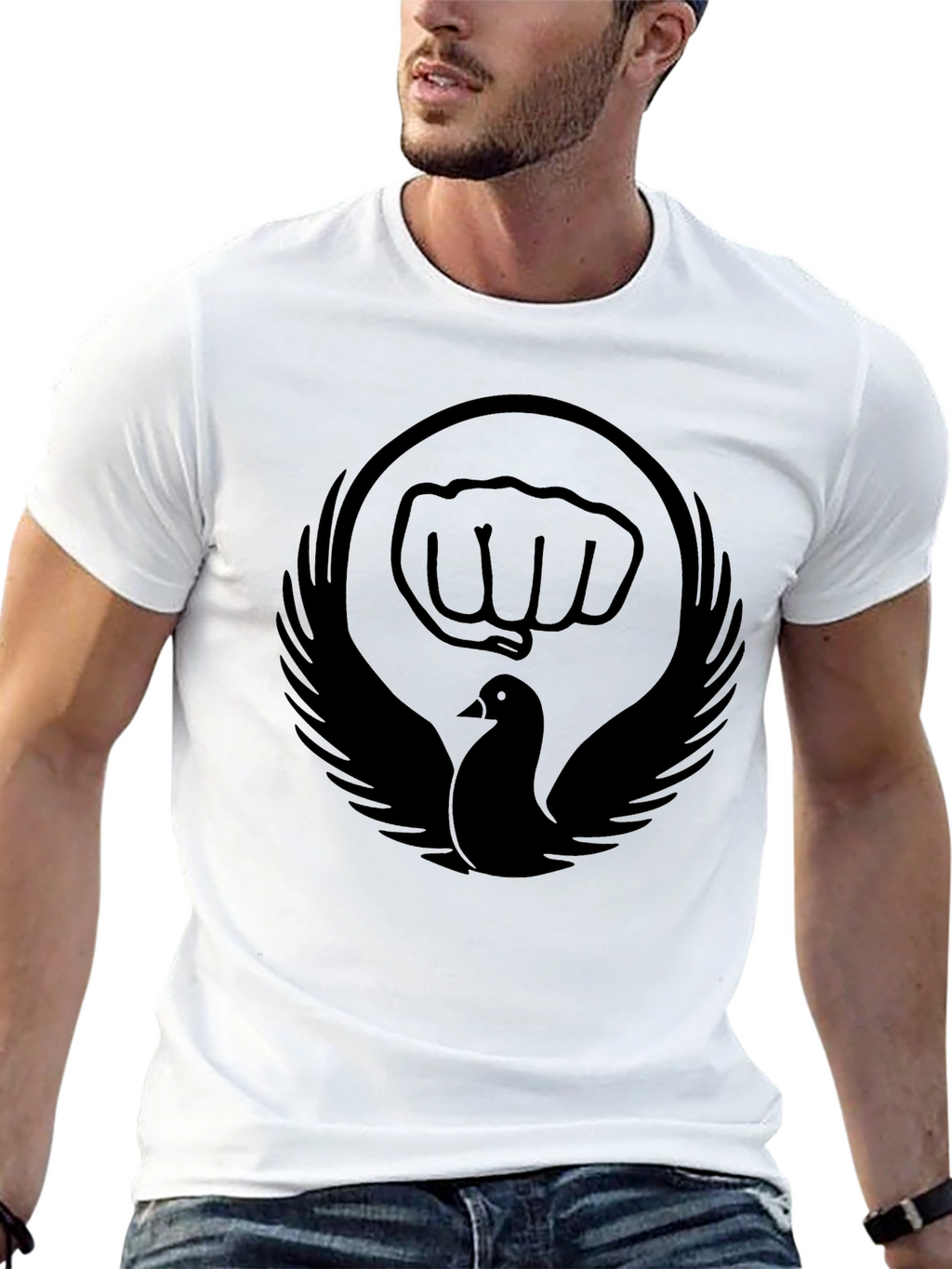 Black T-Shirt with Dove and Fist Graphic