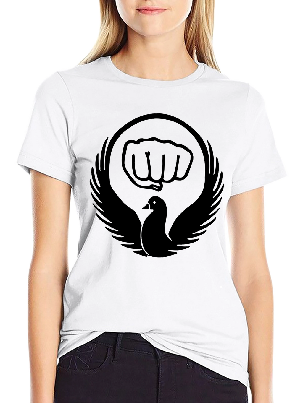 Black T-Shirt with Dove and Fist Graphic