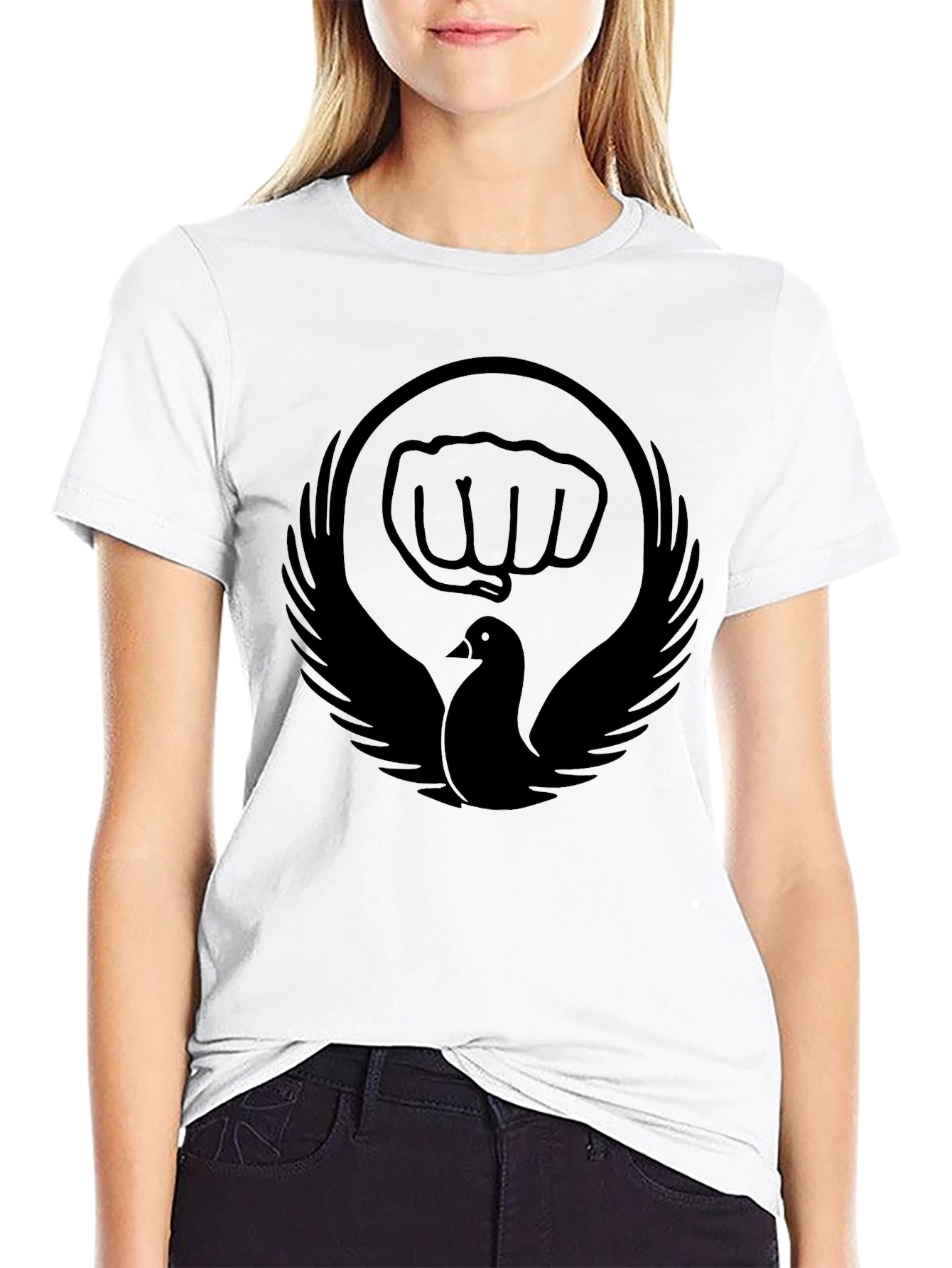 Black T-Shirt with Dove and Fist Graphic