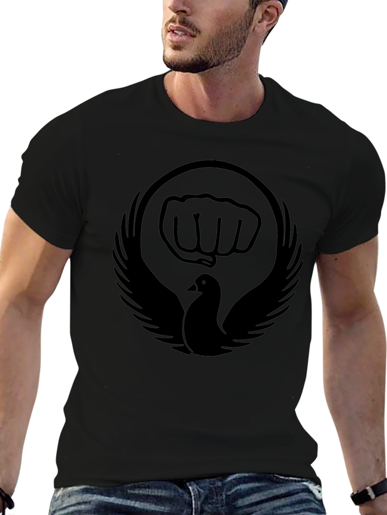 Black T-Shirt with Dove and Fist Graphic