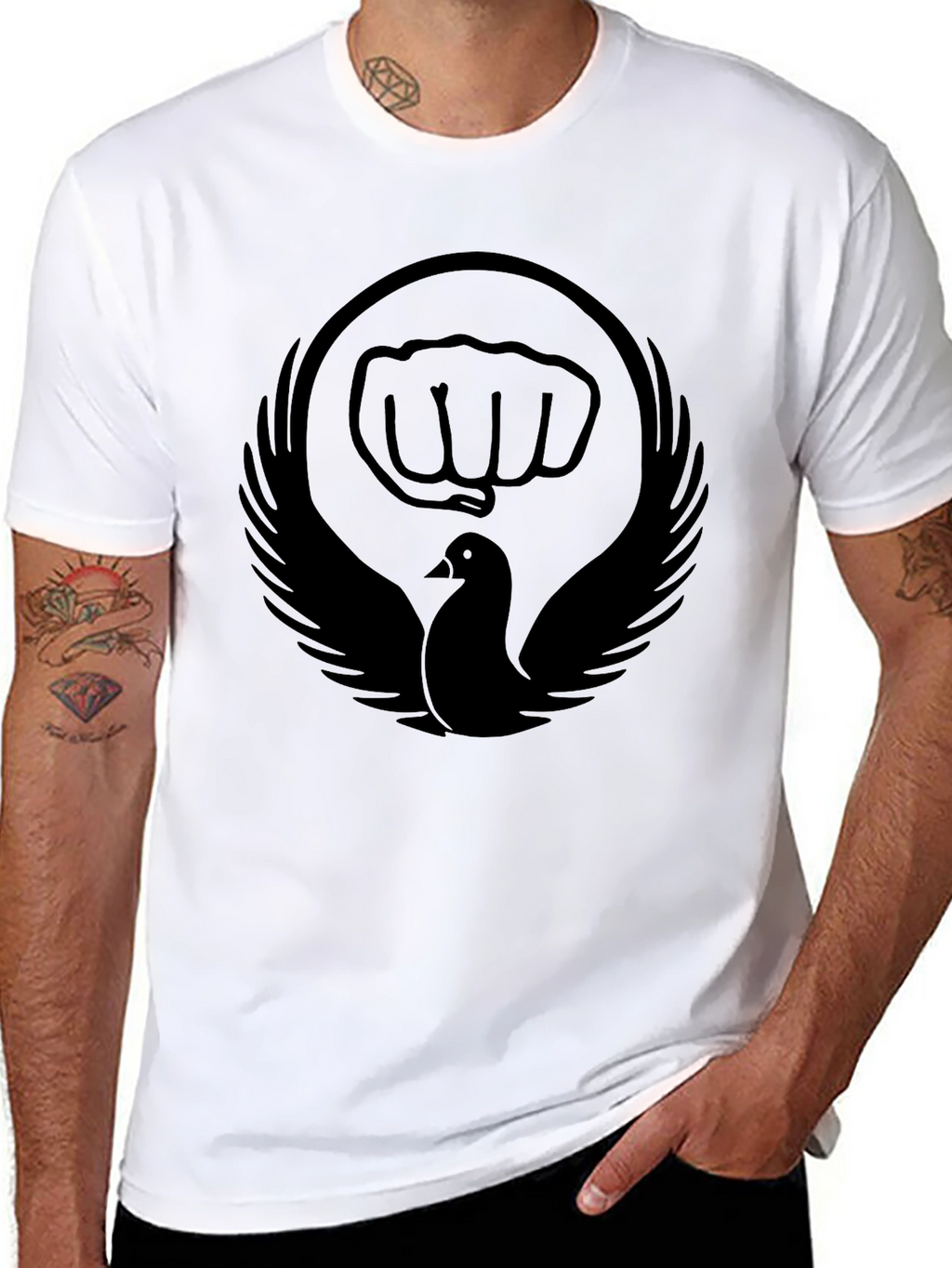 Black T-Shirt with Dove and Fist Graphic