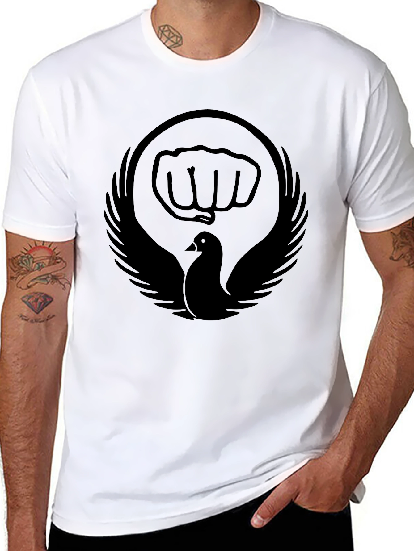 Black T-Shirt with Dove and Fist Graphic