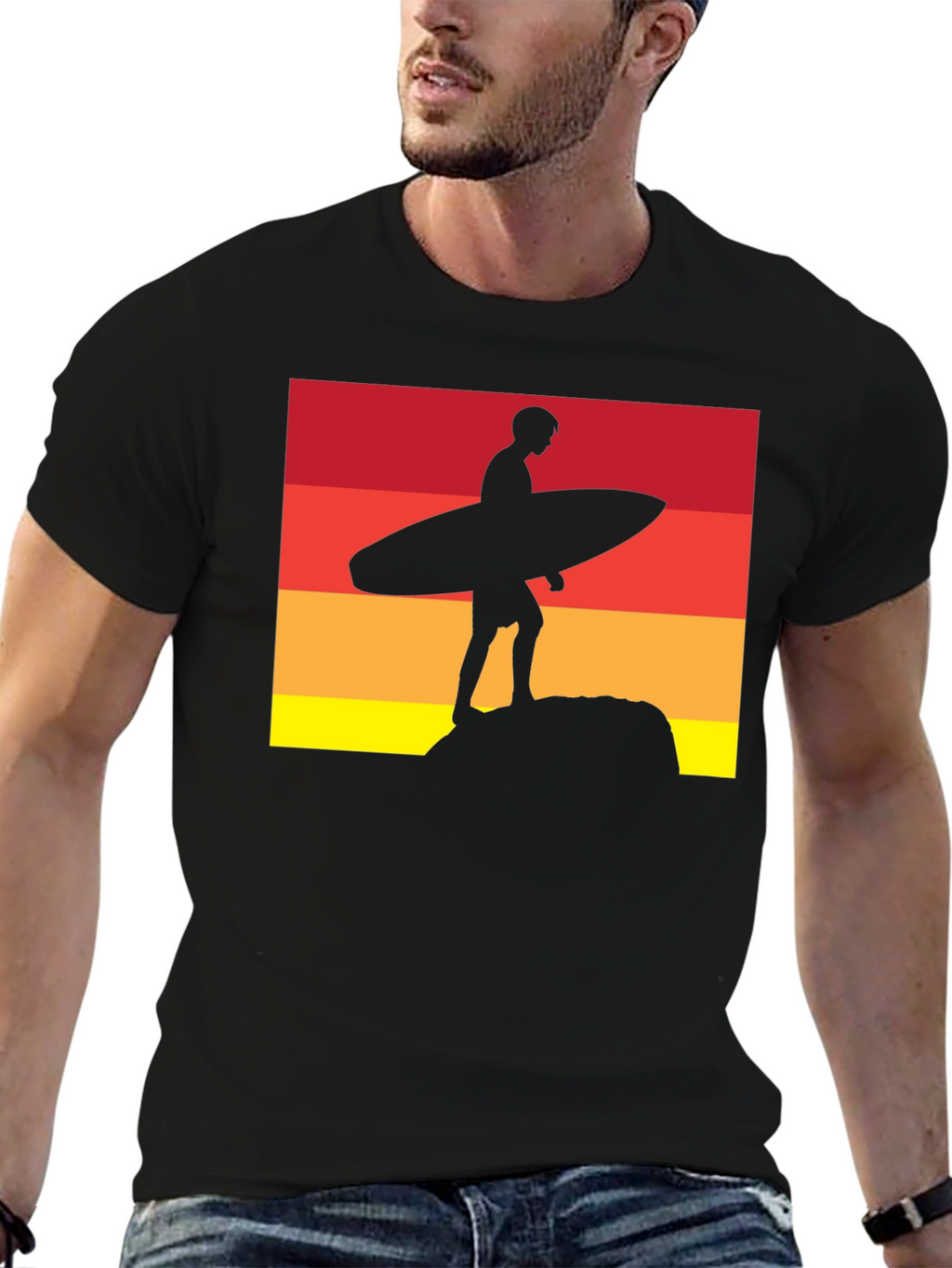 Sunset Surfer Graphic Tee - Black Cotton T-Shirt