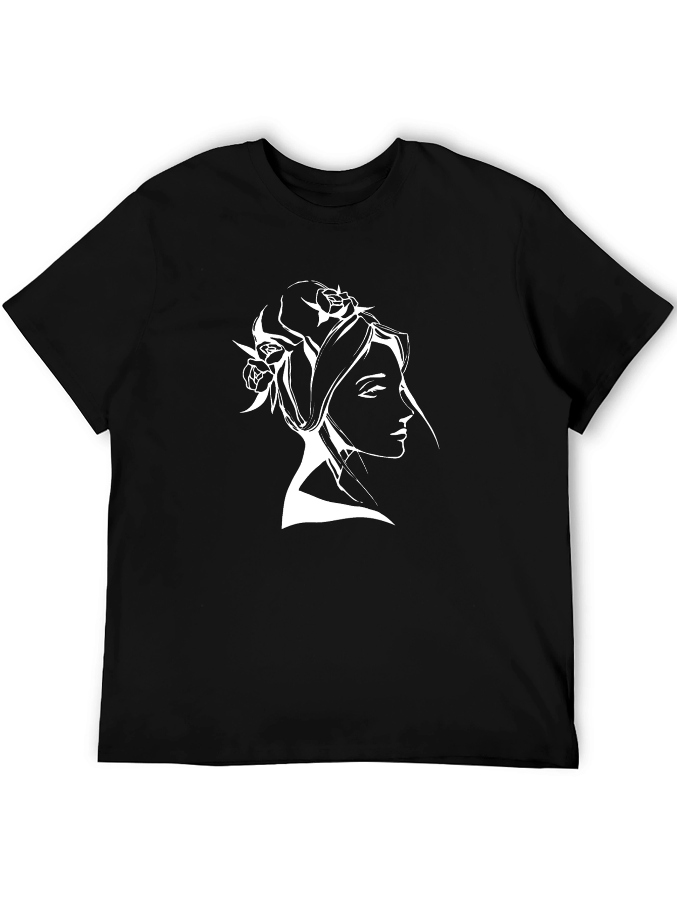 Elegant Woman Portrait Tee - Black Cotton
