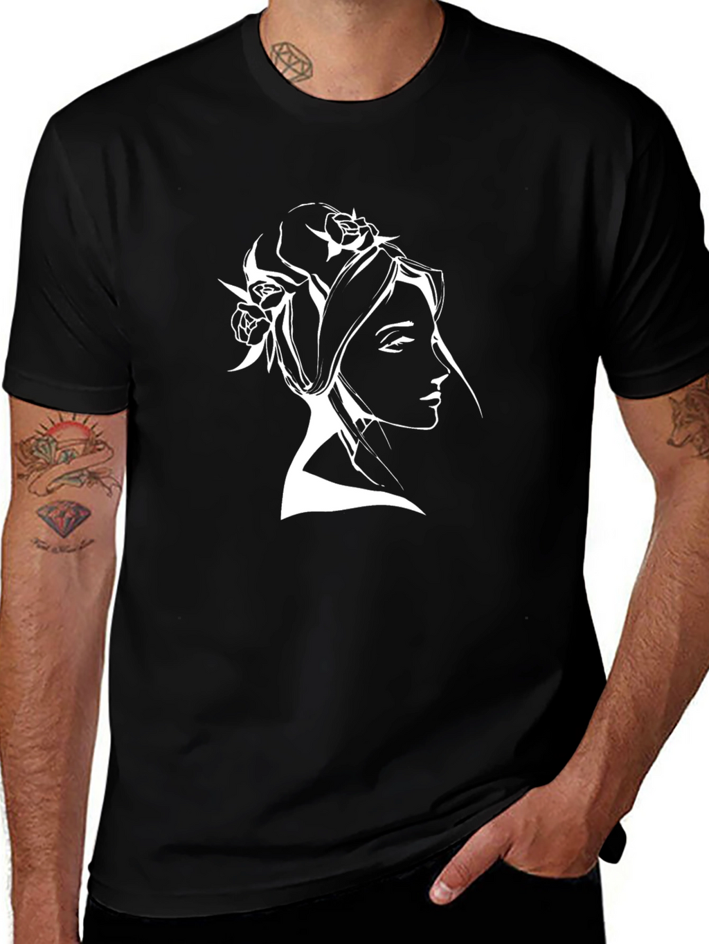 Elegant Woman Portrait Tee - Black Cotton