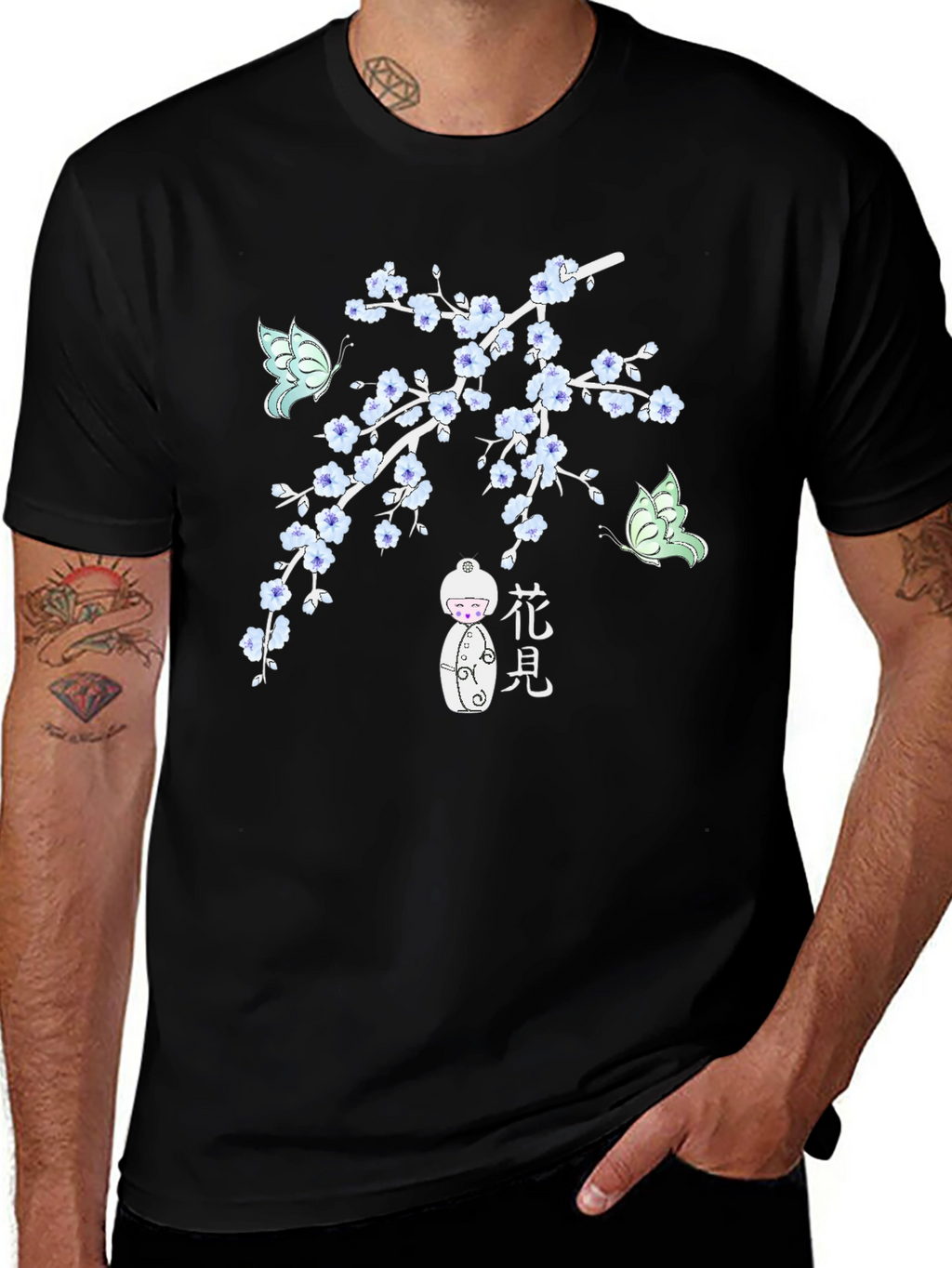Black T-Shirt with Floral Japanese-Inspired Design