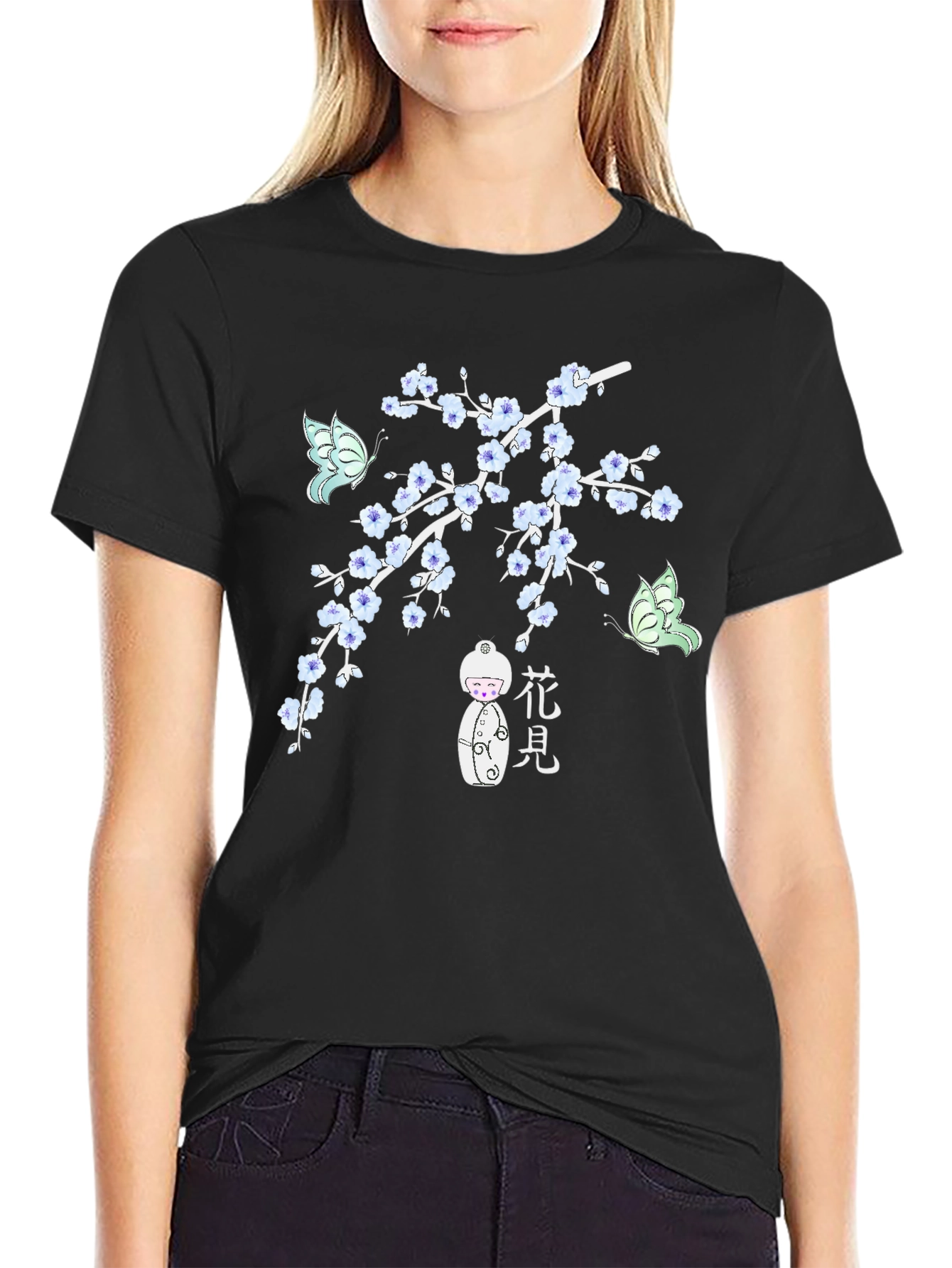 Black T-Shirt with Floral Japanese-Inspired Design