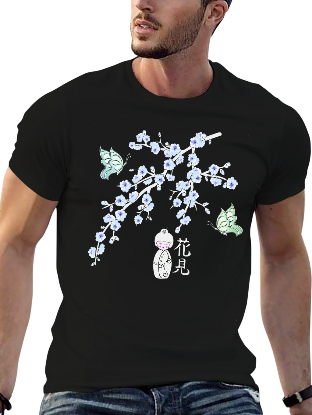Black T-Shirt with Floral Japanese-Inspired Design