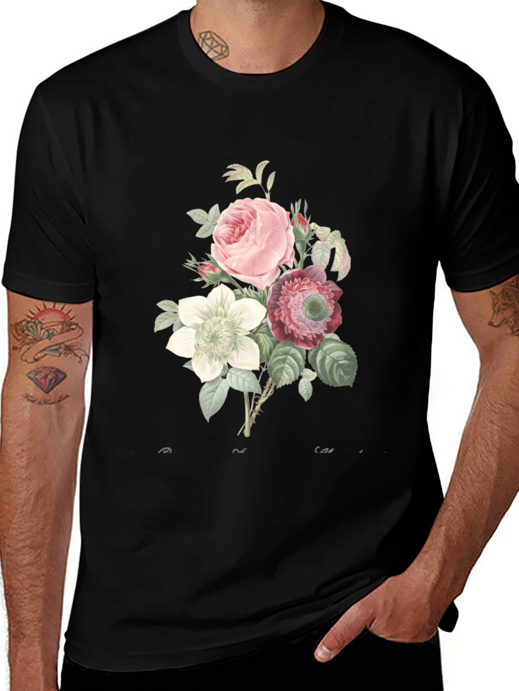 Floral Bouquet Graphic Tee - Soft Black Cotton