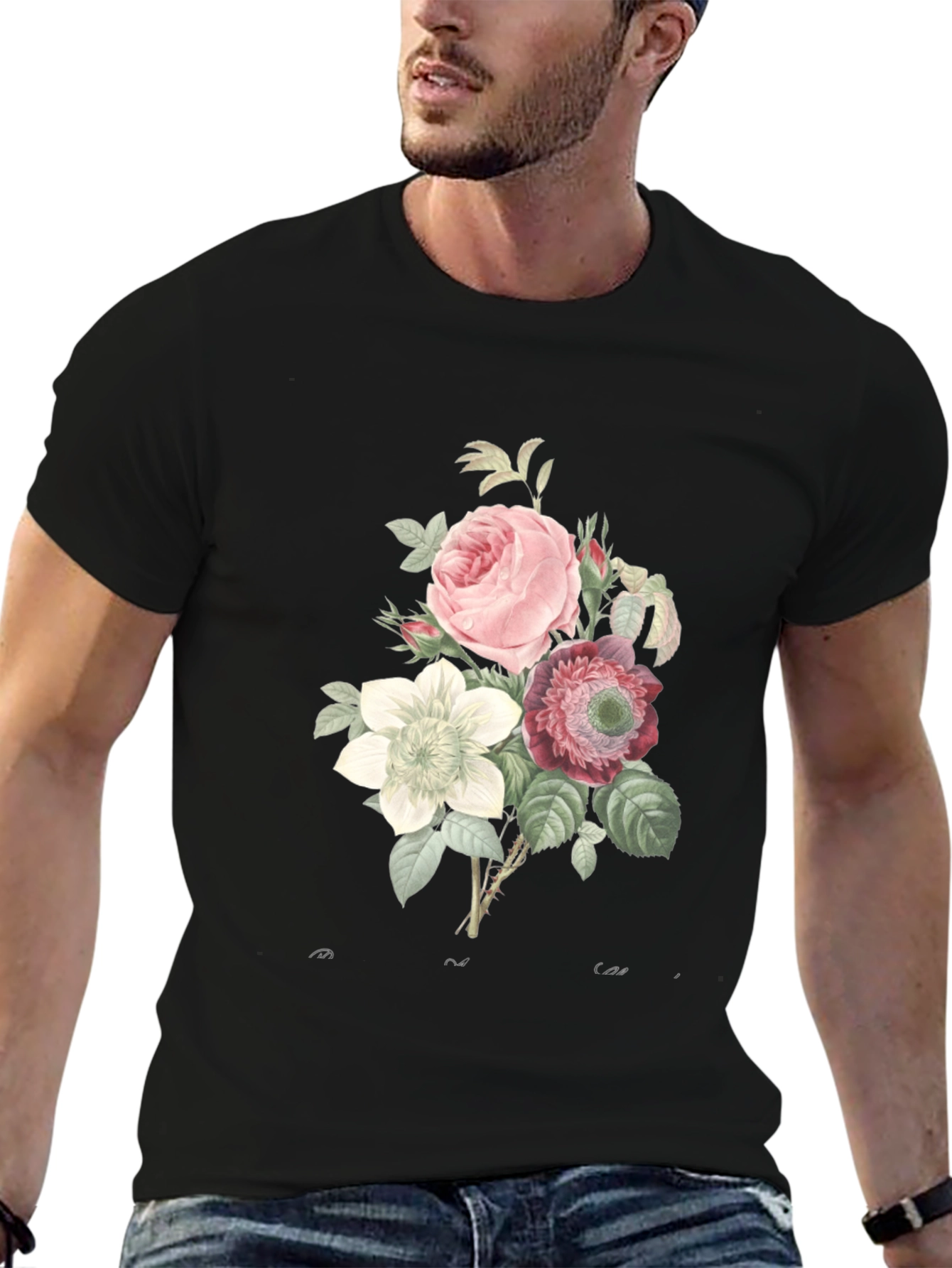 Floral Bouquet Graphic Tee - Soft Black Cotton