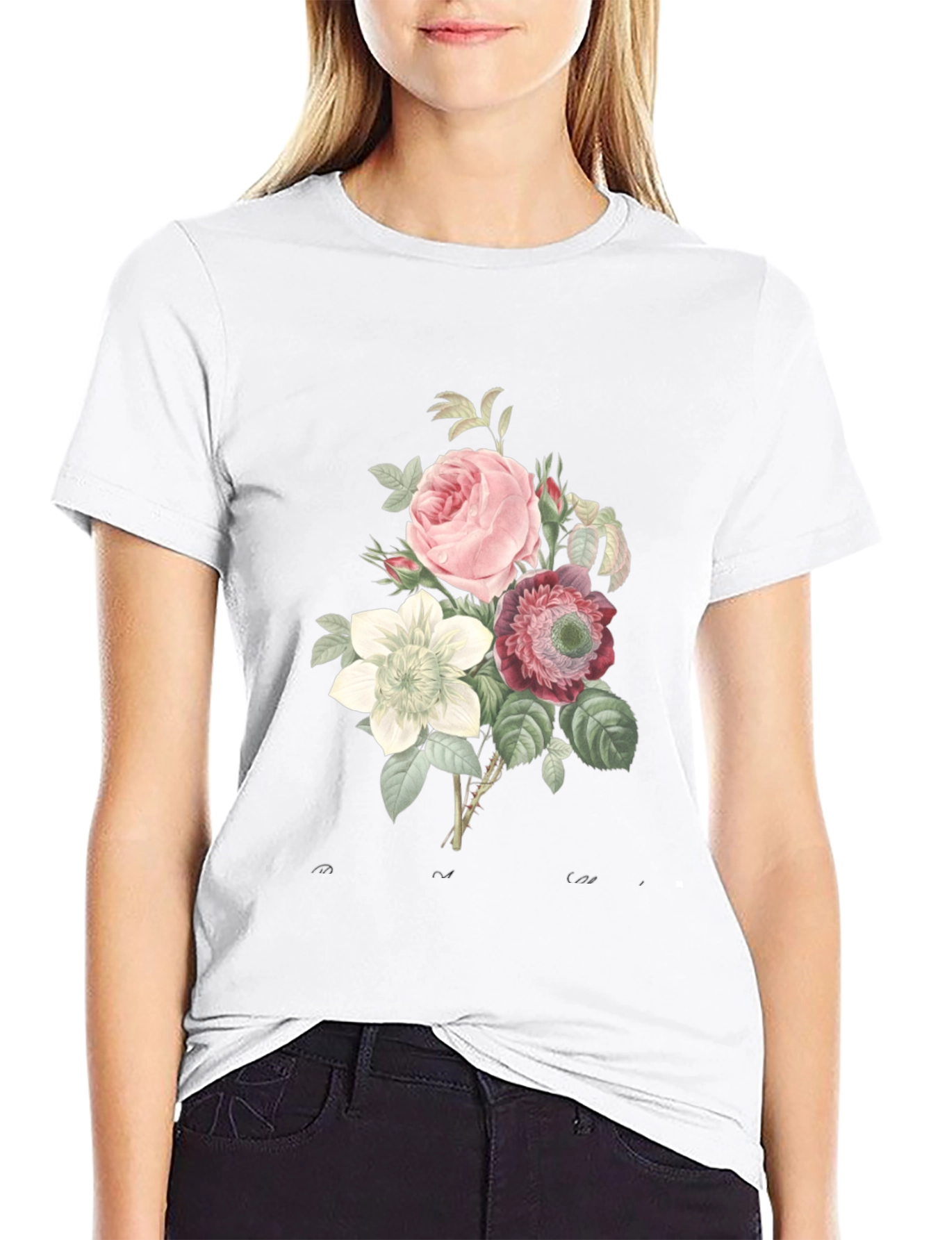 Floral Bouquet Graphic Tee - Soft Black Cotton