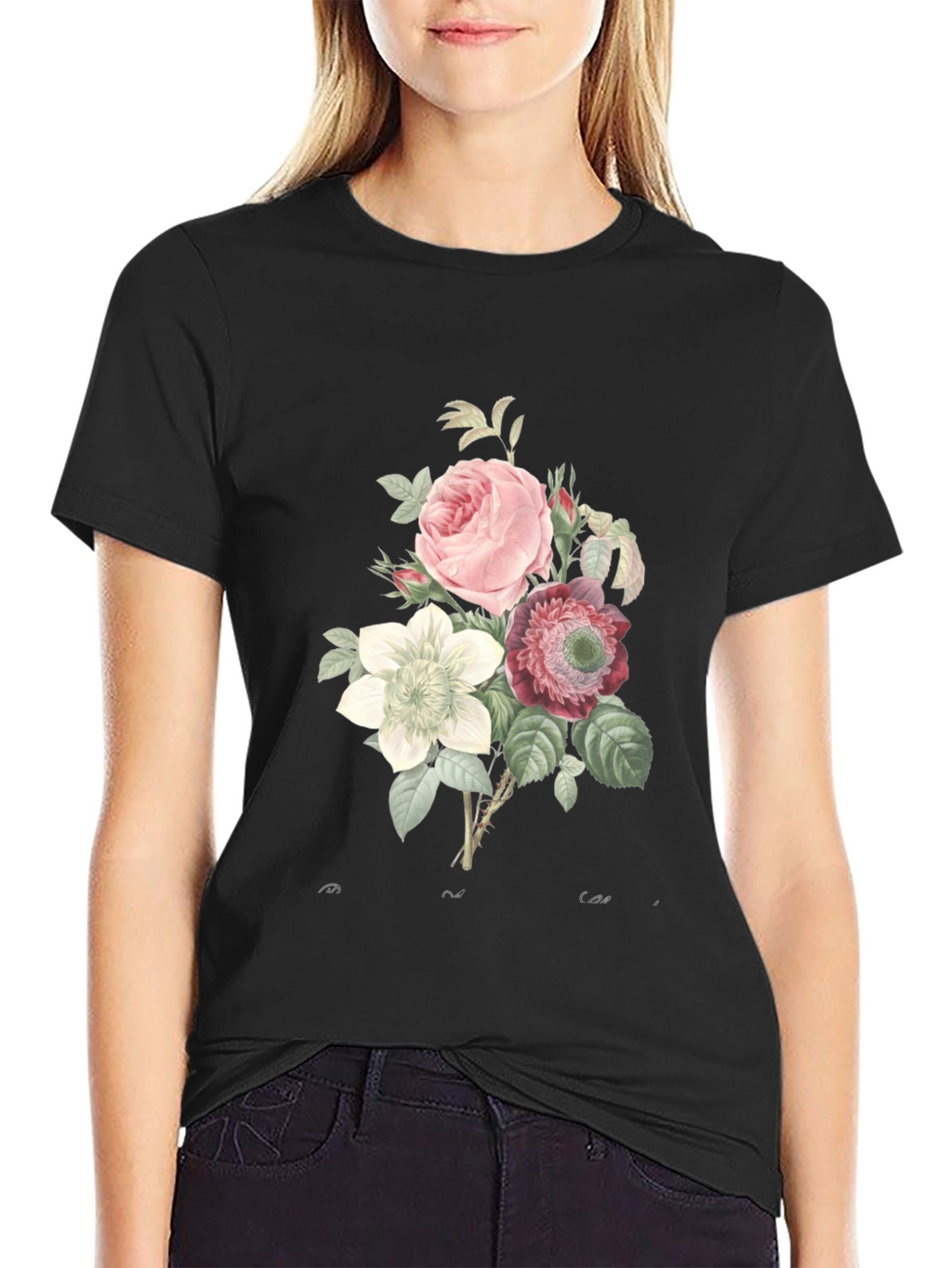 Floral Bouquet Graphic Tee - Soft Black Cotton