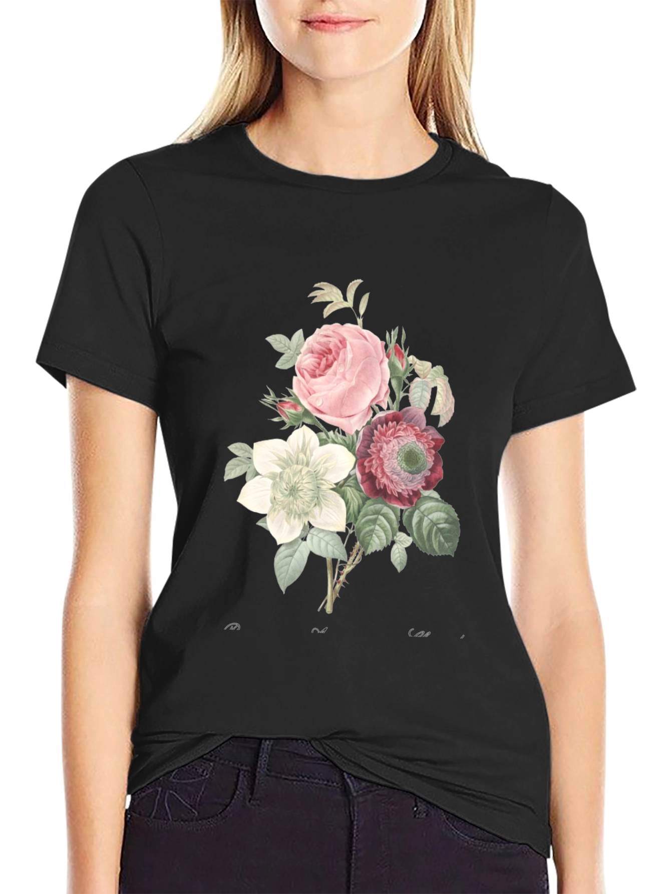 Floral Bouquet Graphic Tee - Soft Black Cotton