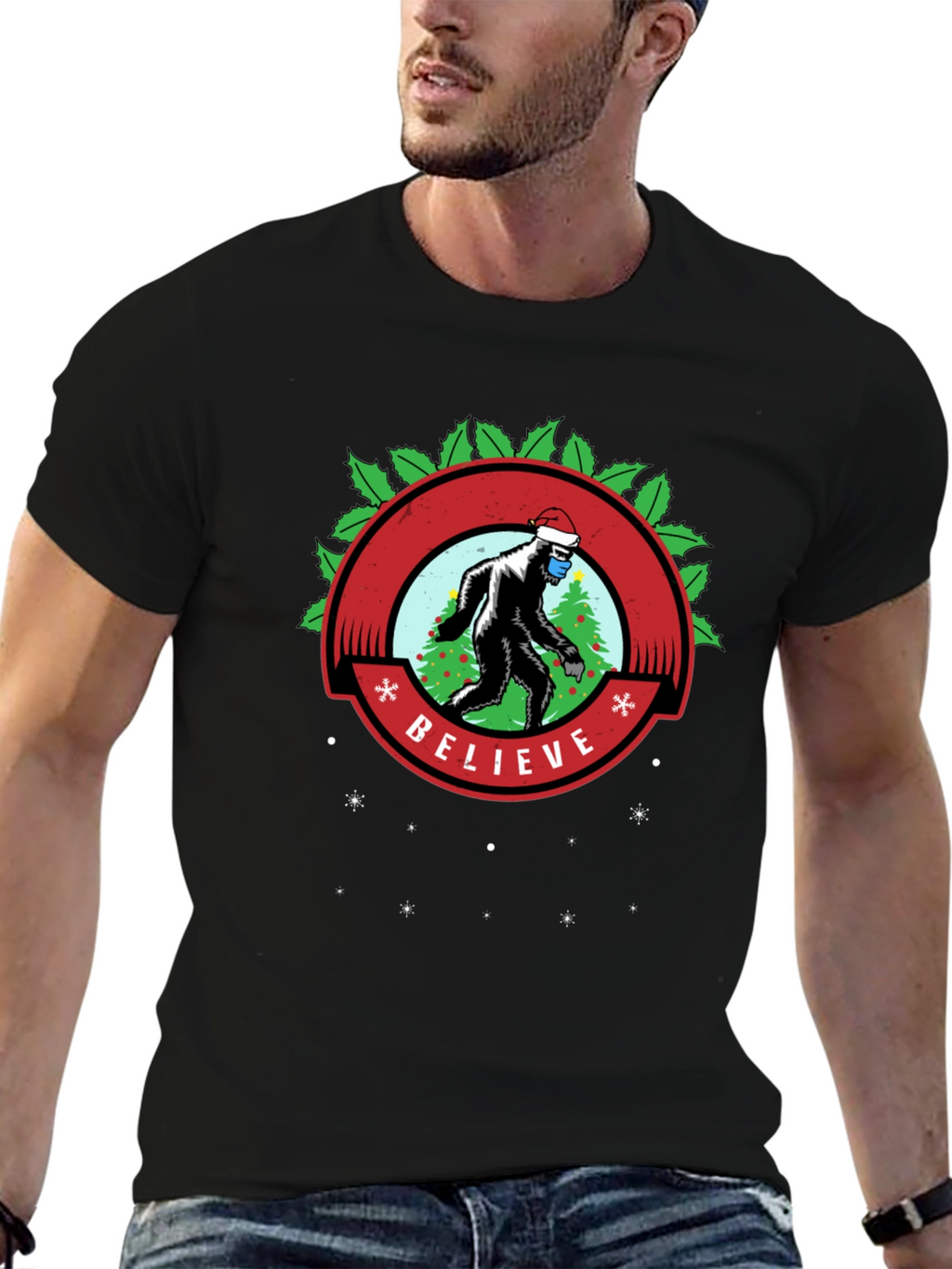 Believe Bigfoot Santa Mask Holiday Tee
