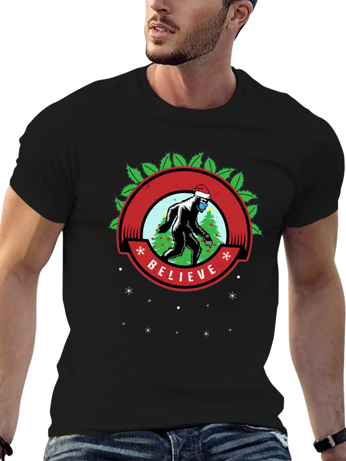 Believe Bigfoot Santa Mask Holiday Tee