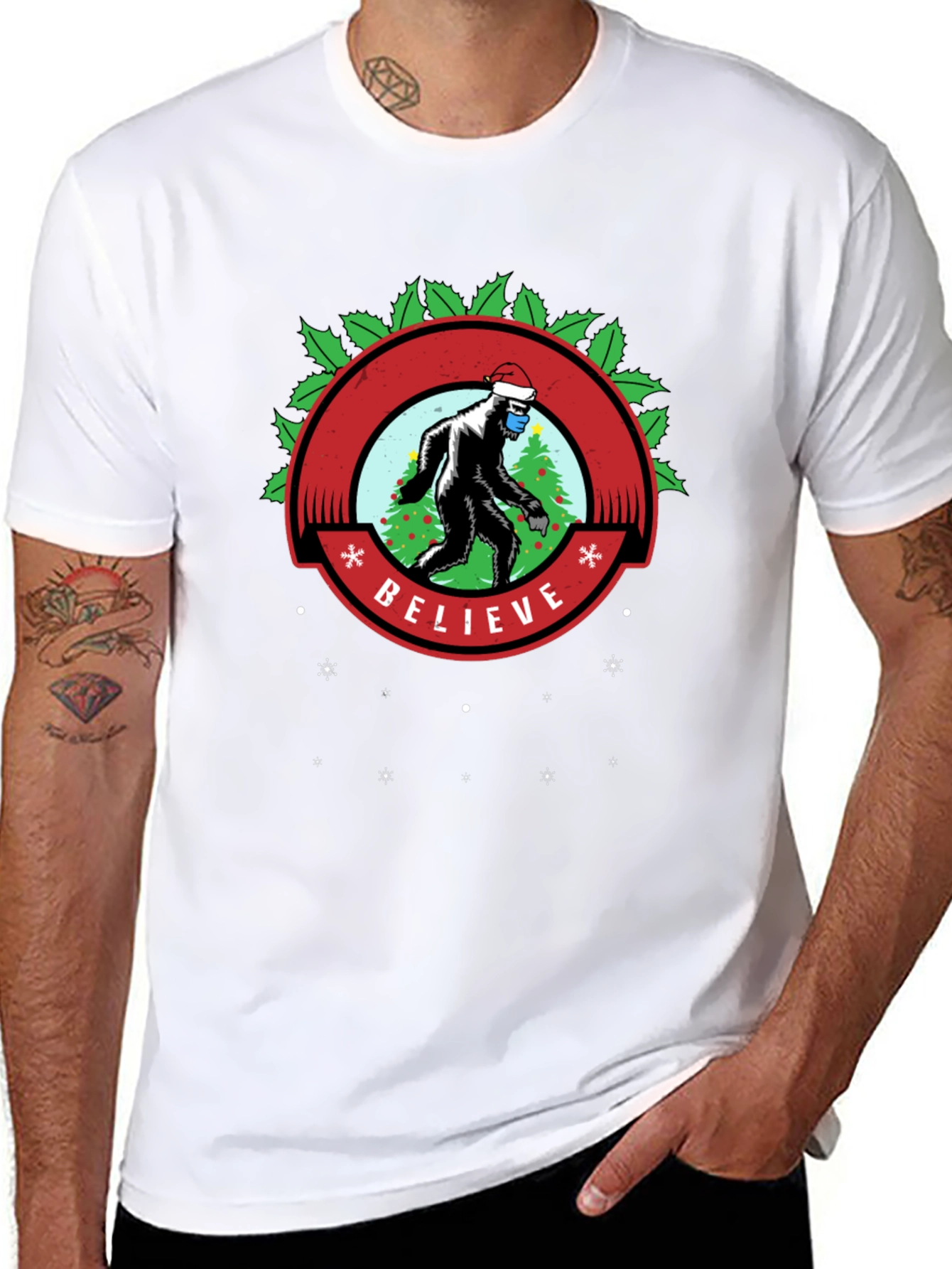 Believe Bigfoot Santa Mask Holiday Tee