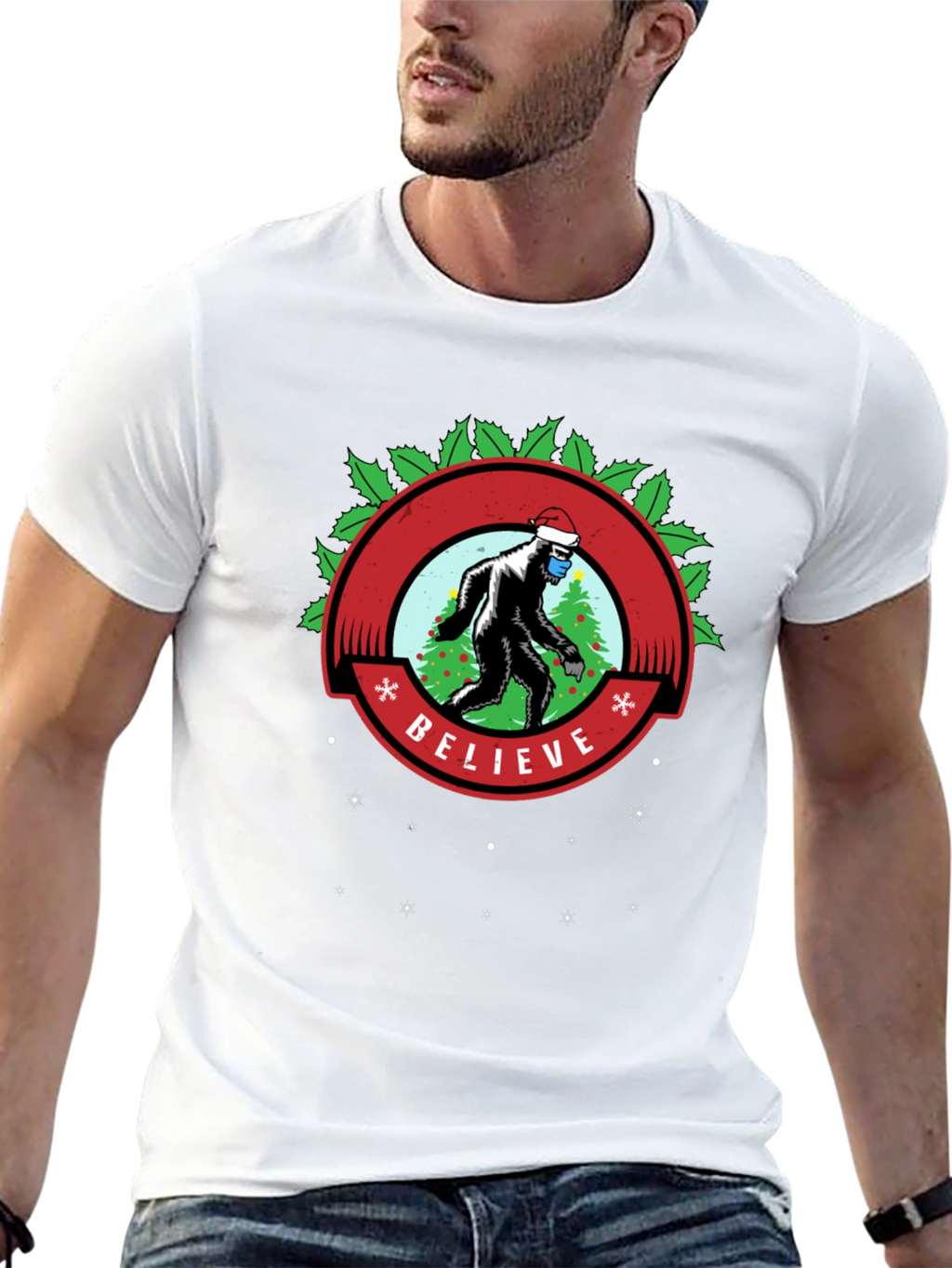 Believe Bigfoot Santa Mask Holiday Tee