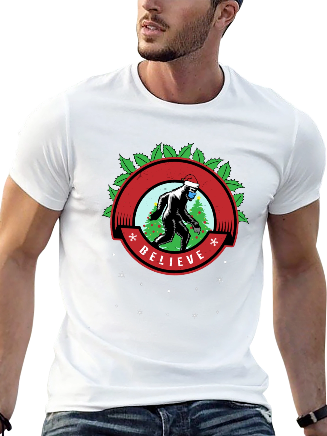 Believe Bigfoot Santa Mask Holiday Tee