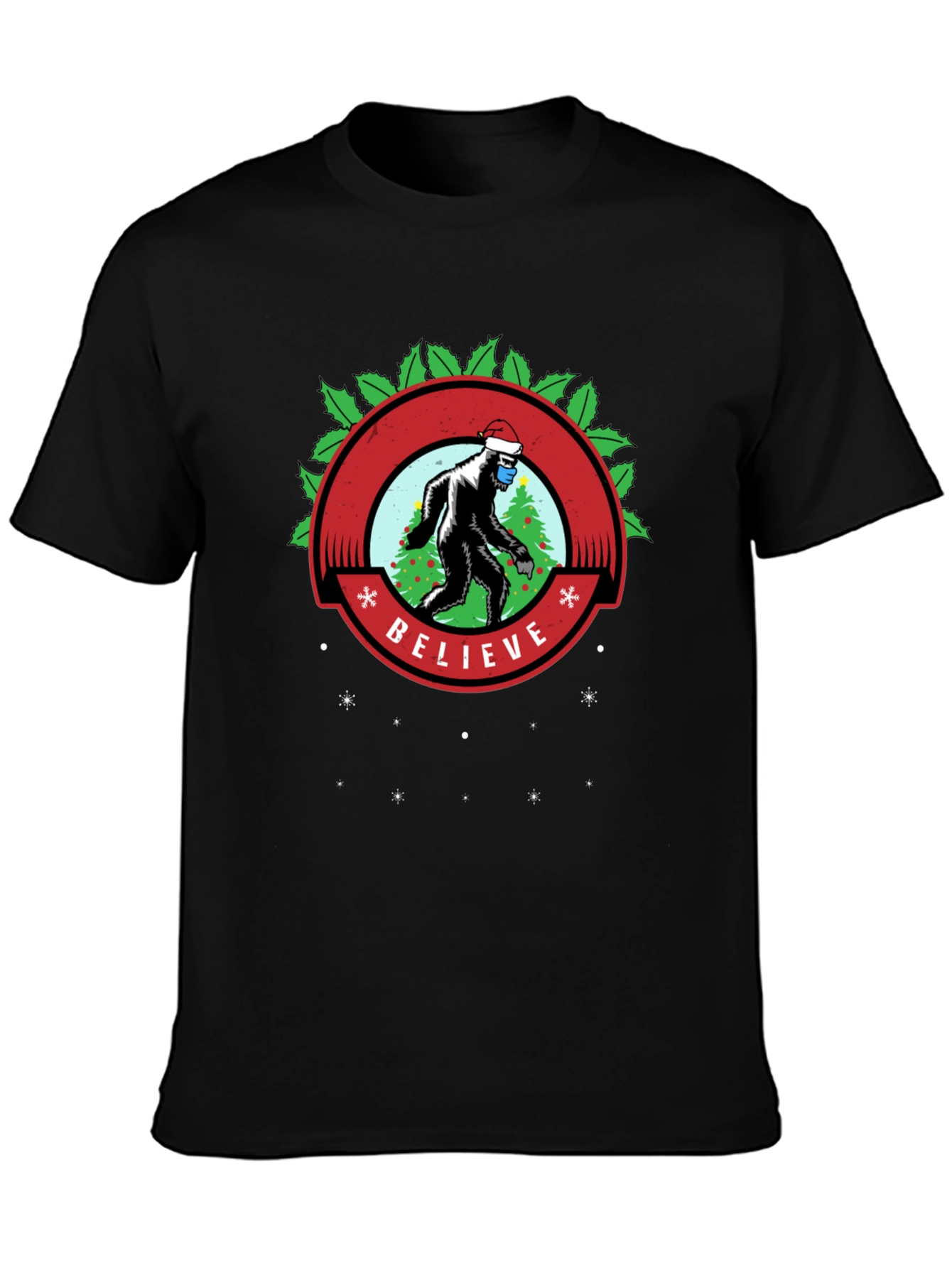 Believe Bigfoot Santa Mask Holiday Tee