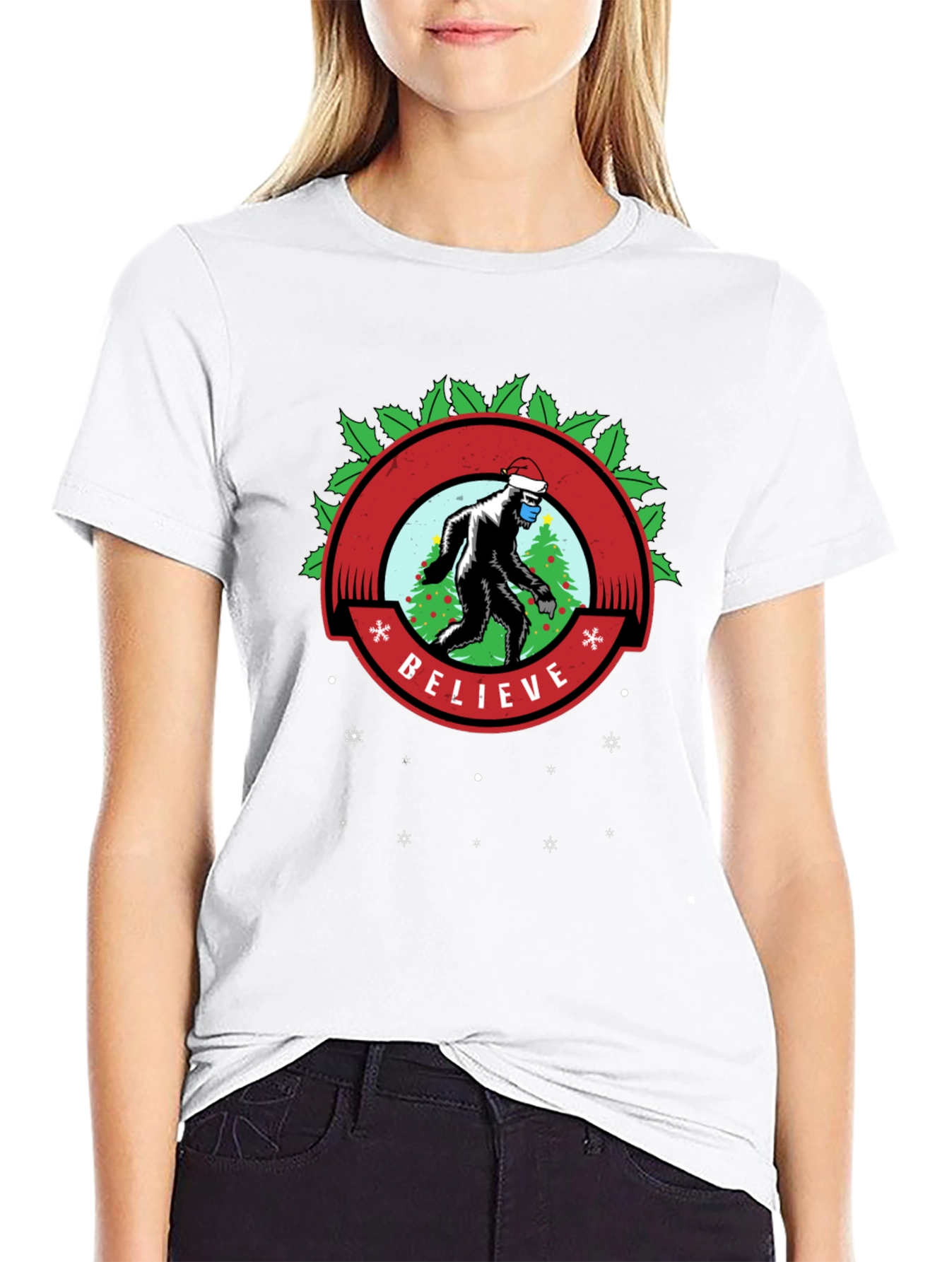 Believe Bigfoot Santa Mask Holiday Tee