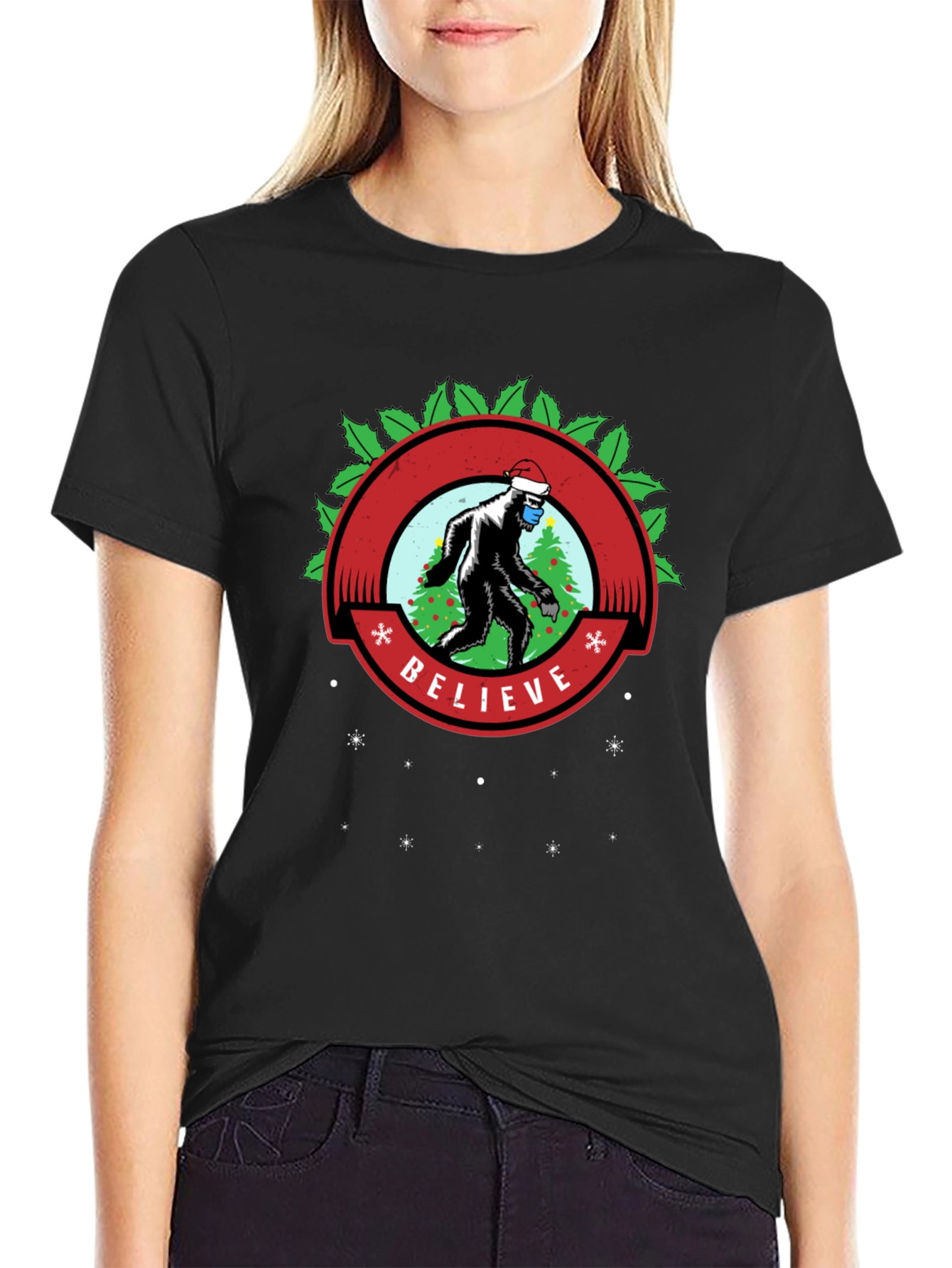 Believe Bigfoot Santa Mask Holiday Tee