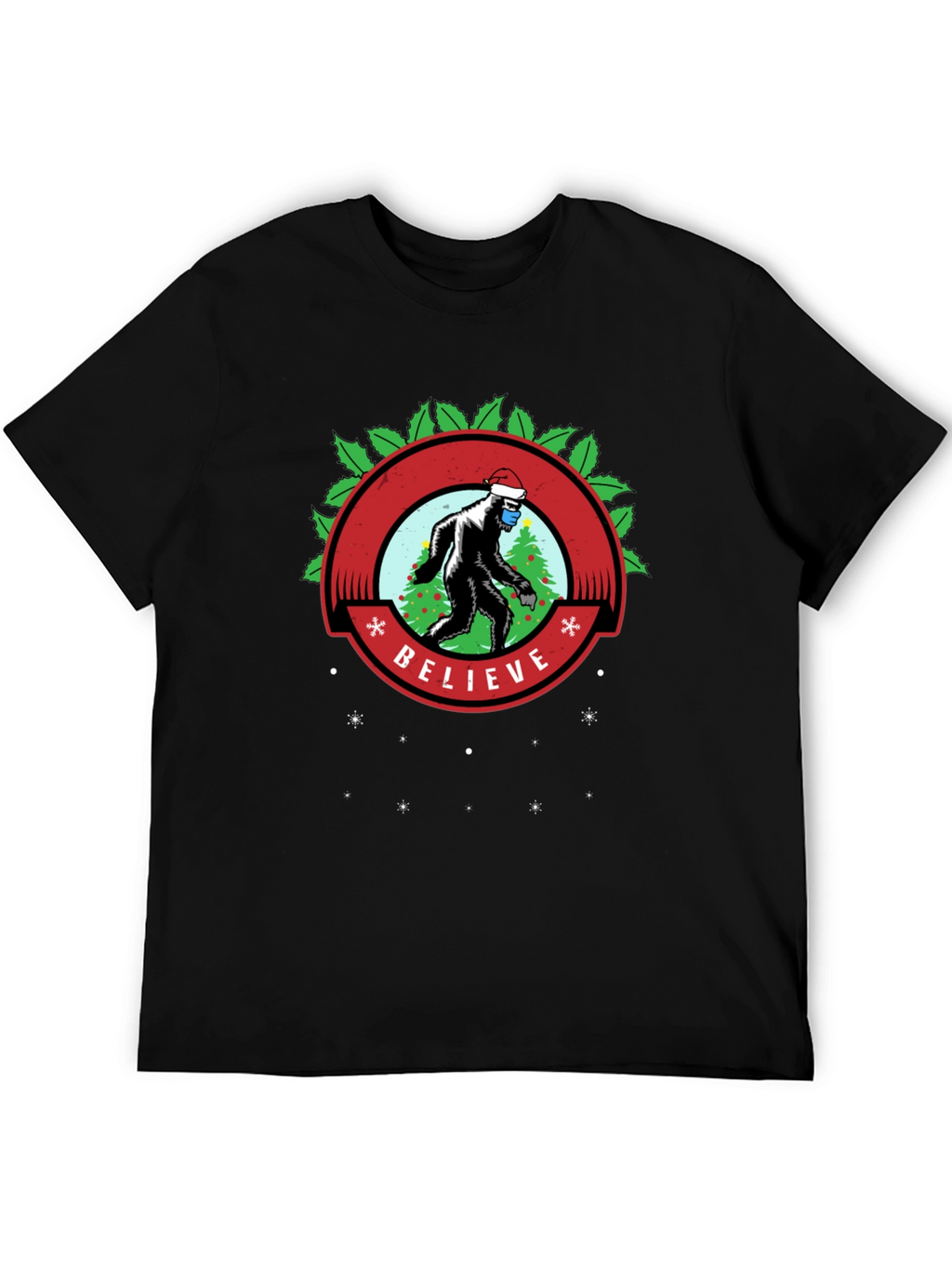 Believe Bigfoot Santa Mask Holiday Tee