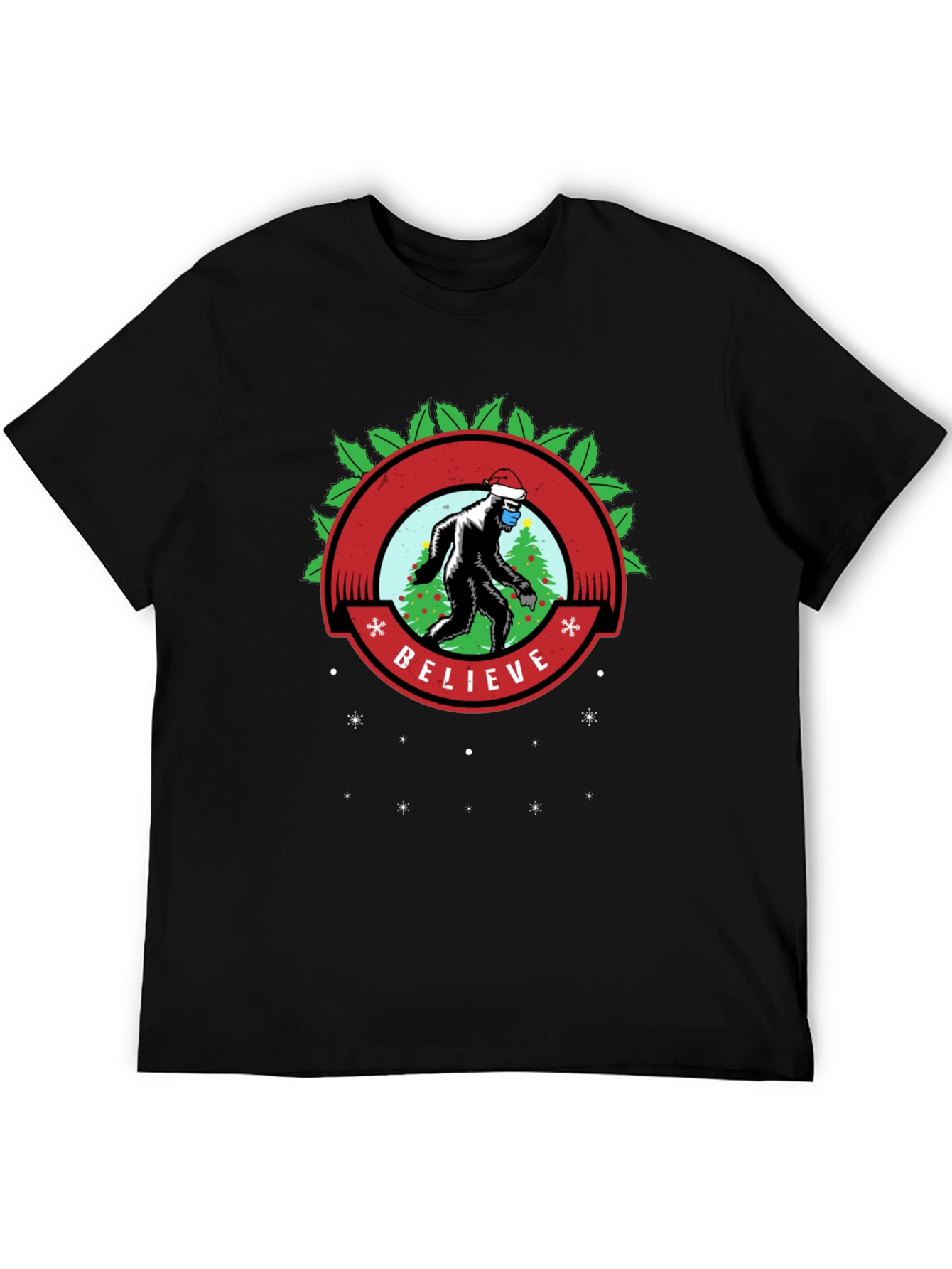 Believe Bigfoot Santa Mask Holiday Tee