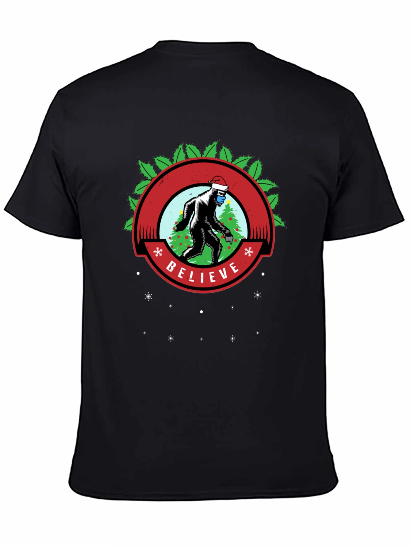 Believe Bigfoot Santa Mask Holiday Tee