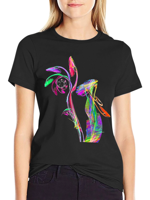 Abstract Rose Graphic T-Shirt - Vivid Colors Black Tee