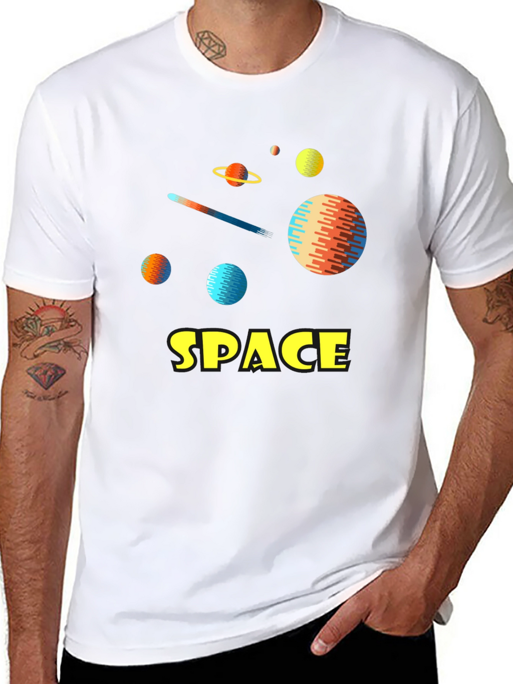 Space Planets Graphic Tee - Black Cotton T-Shirt