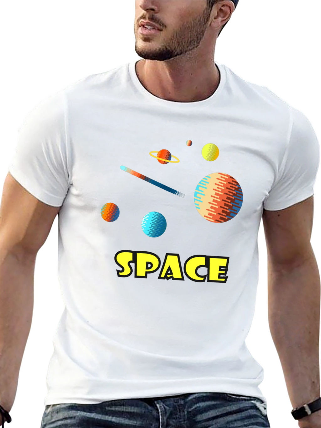 Space Planets Graphic Tee - Black Cotton T-Shirt