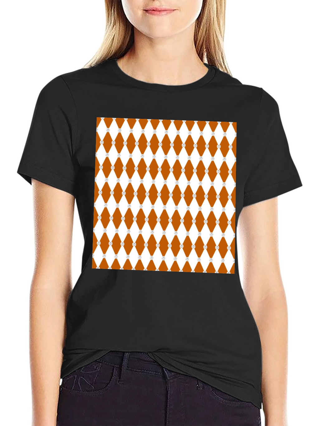 Brown Diamond Pattern Black T-Shirt