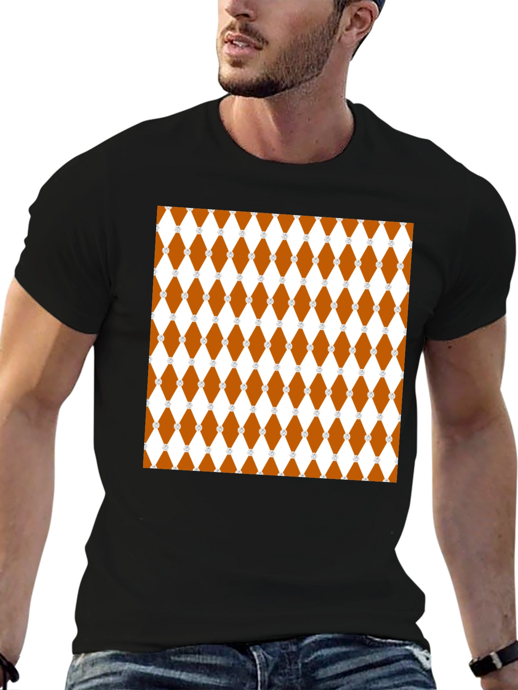 Brown Diamond Pattern Black T-Shirt