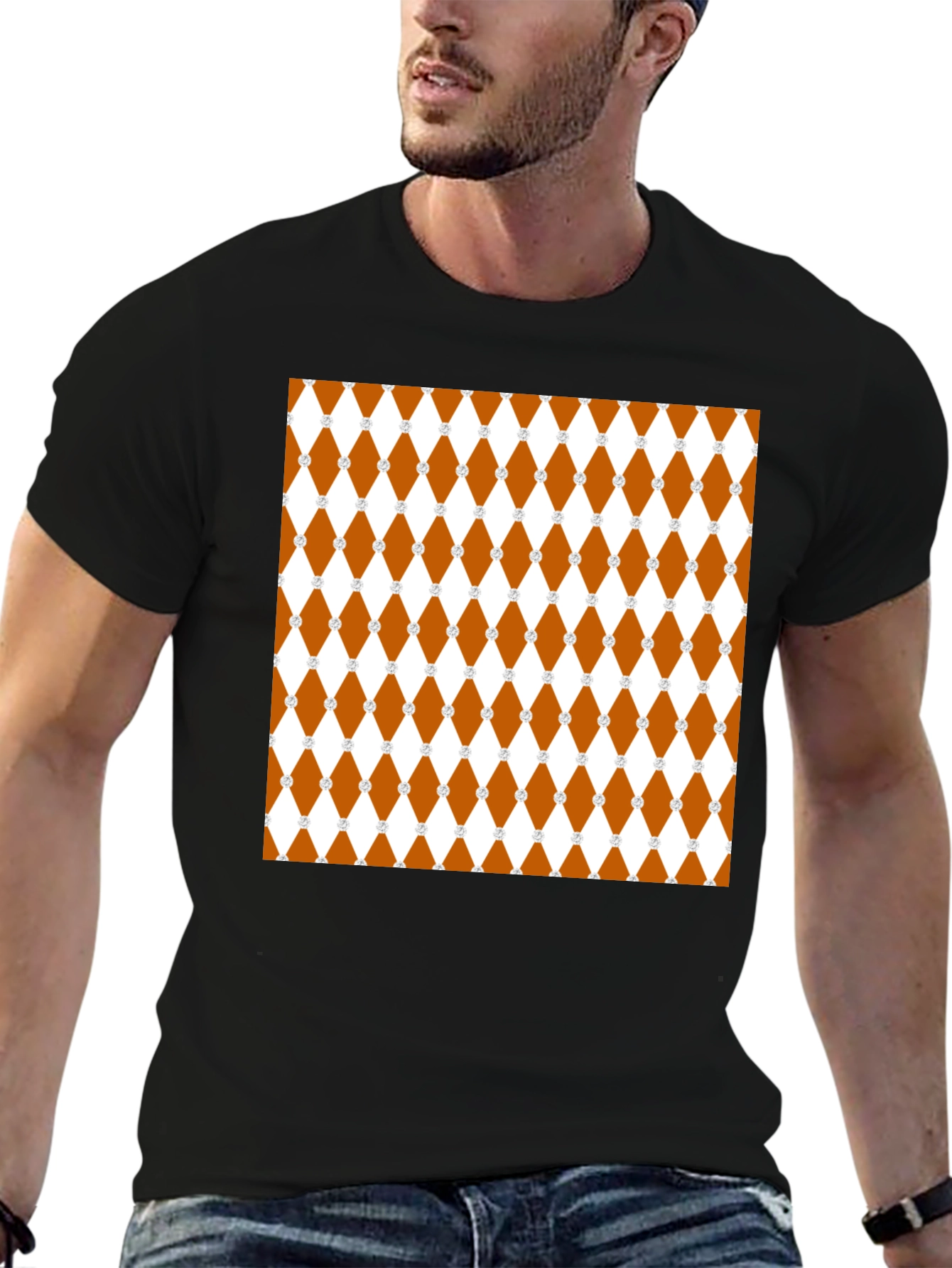 Brown Diamond Pattern Black T-Shirt