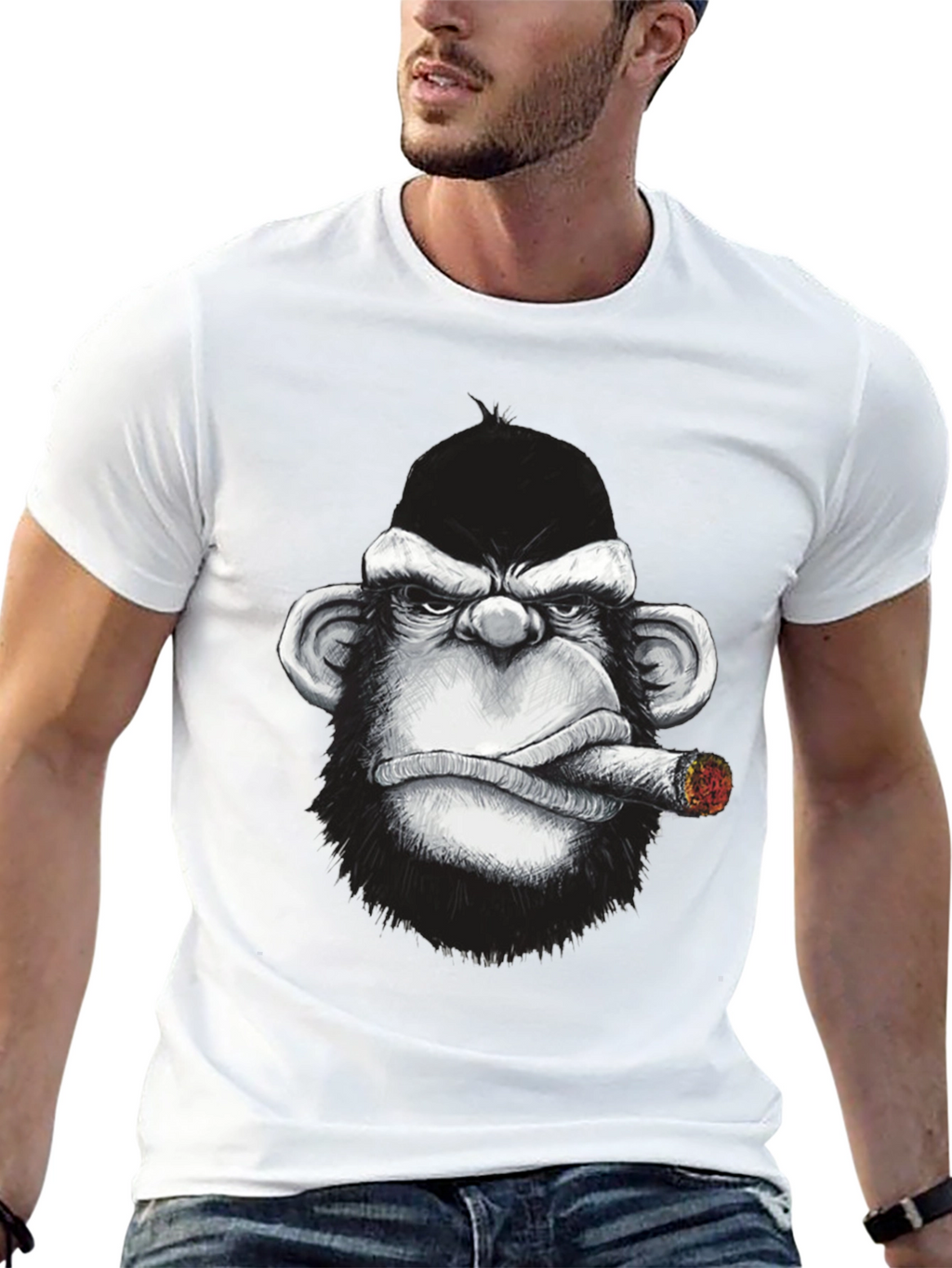 Cool Monkey Cigar Graphic Tee - Black Cotton