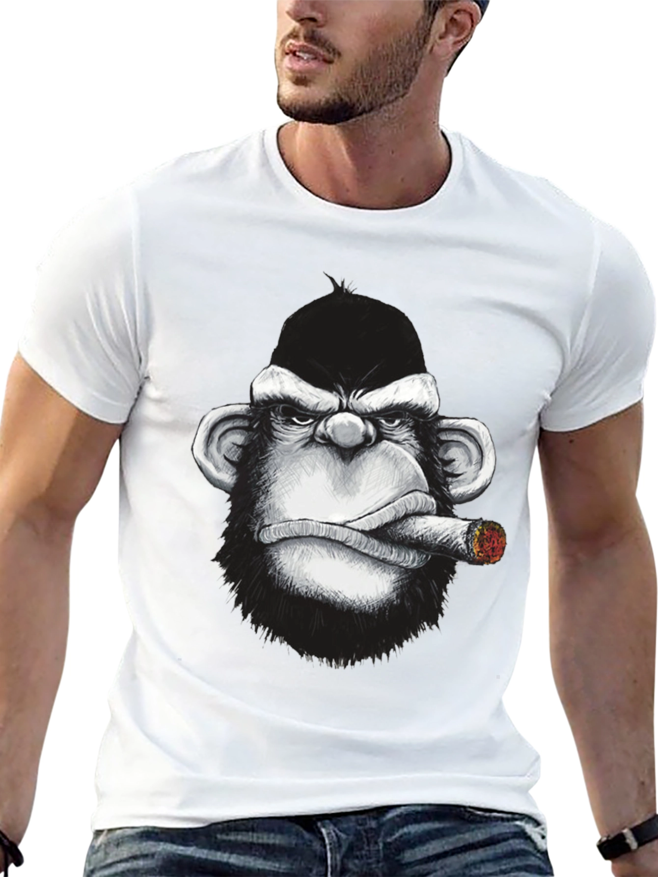 Cool Monkey Cigar Graphic Tee - Black Cotton