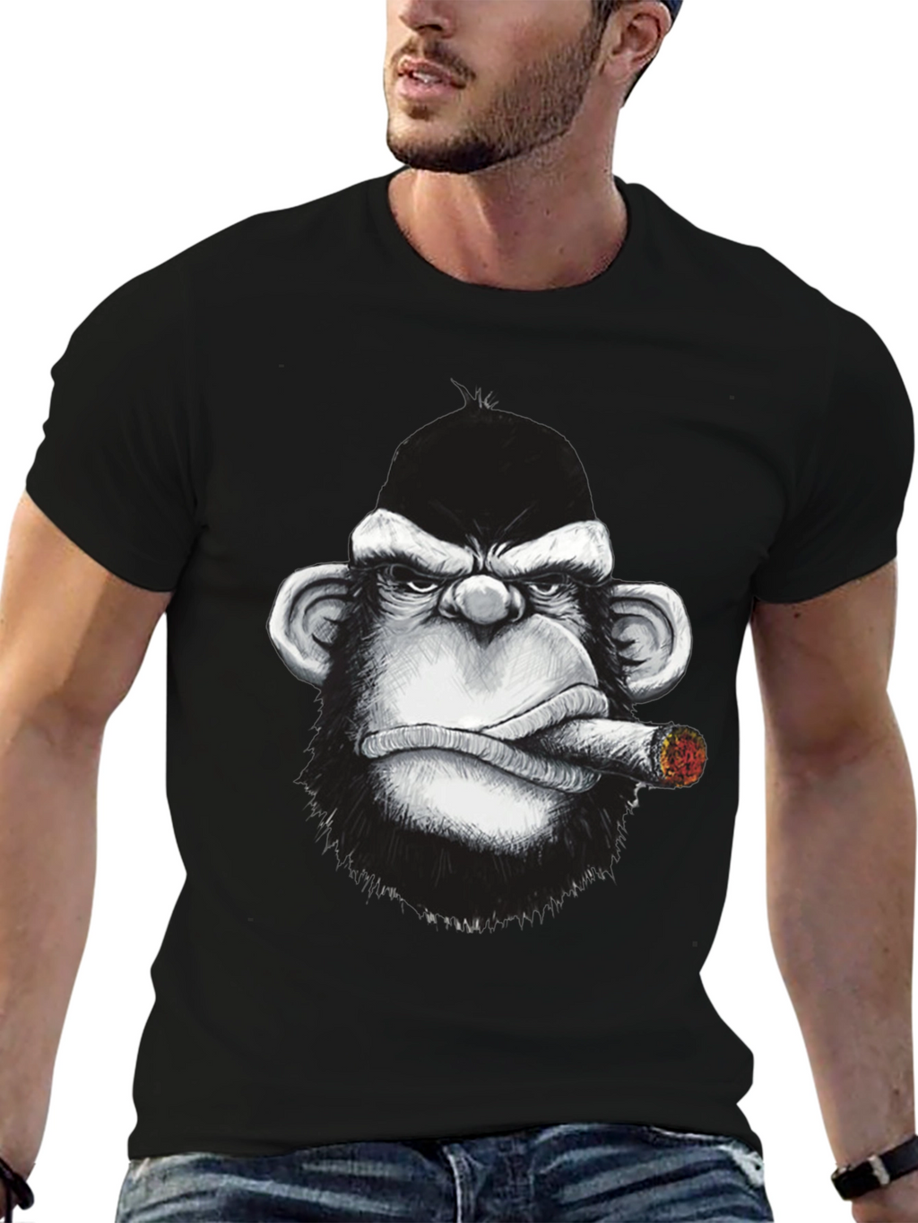 Cool Monkey Cigar Graphic Tee - Black Cotton