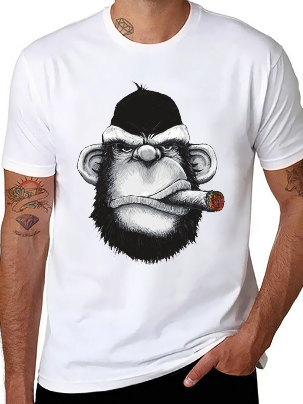 Cool Monkey Cigar Graphic Tee - Black Cotton